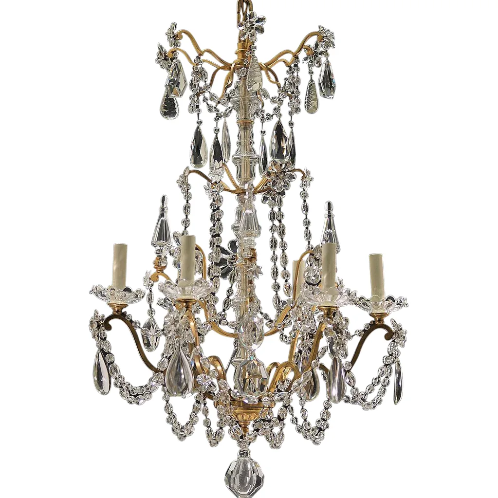 Antique 6-Light French Gilt Brass and Crystal Chandelier