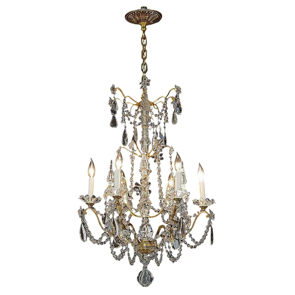 Antique 6-Light French Gilt Brass and Crystal Chandelier - View 2