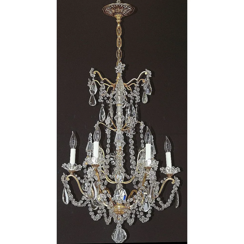 Antique 6-Light French Gilt Brass and Crystal Chandelier - View 9