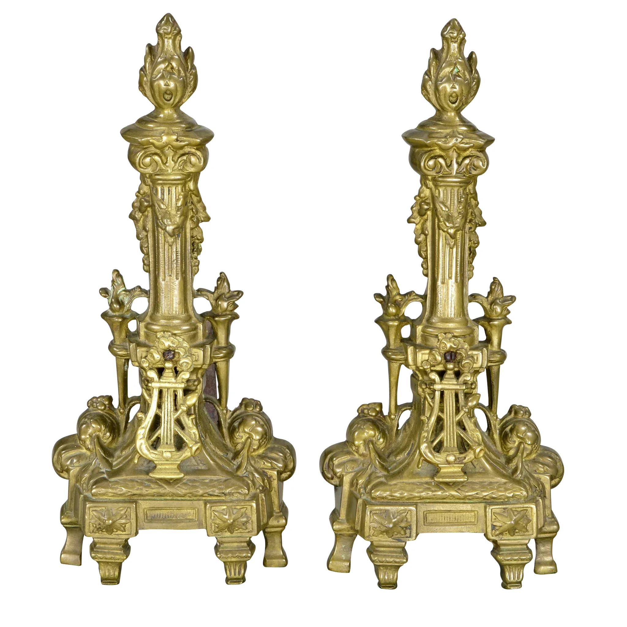 Pair Vintage French Bronze Chenets - Harp - Torch, Andirons - View 2