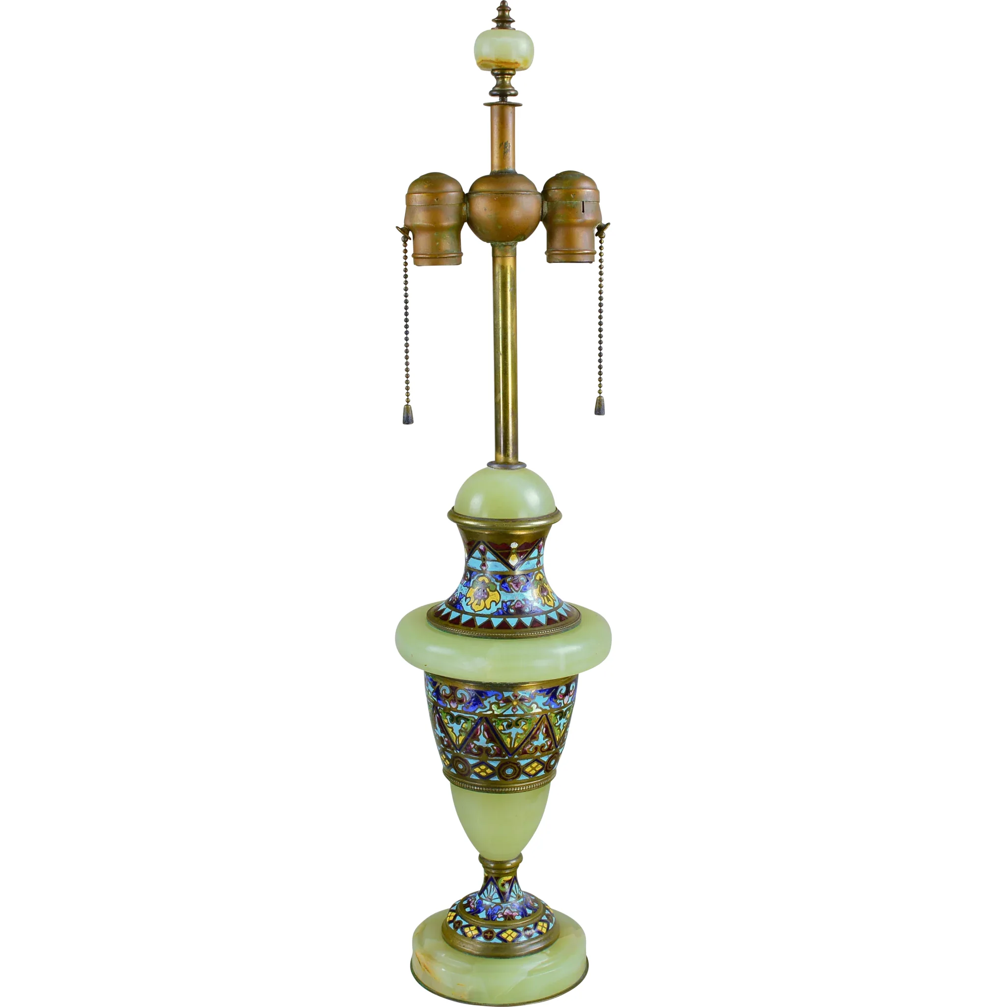 Vintage French Green Onyx and Brass Champleve Lamp