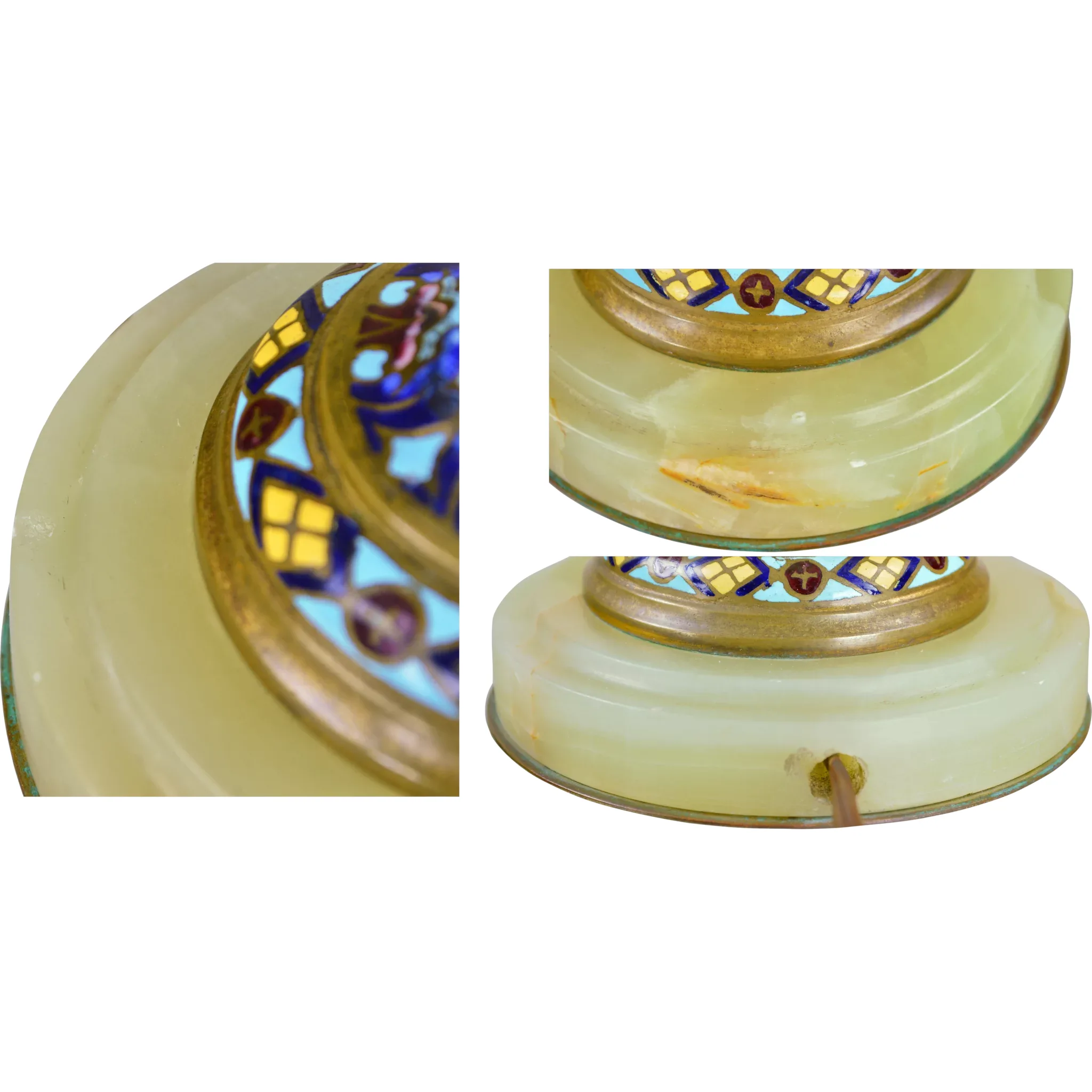 Vintage French Green Onyx and Brass Champleve Lamp - View 9