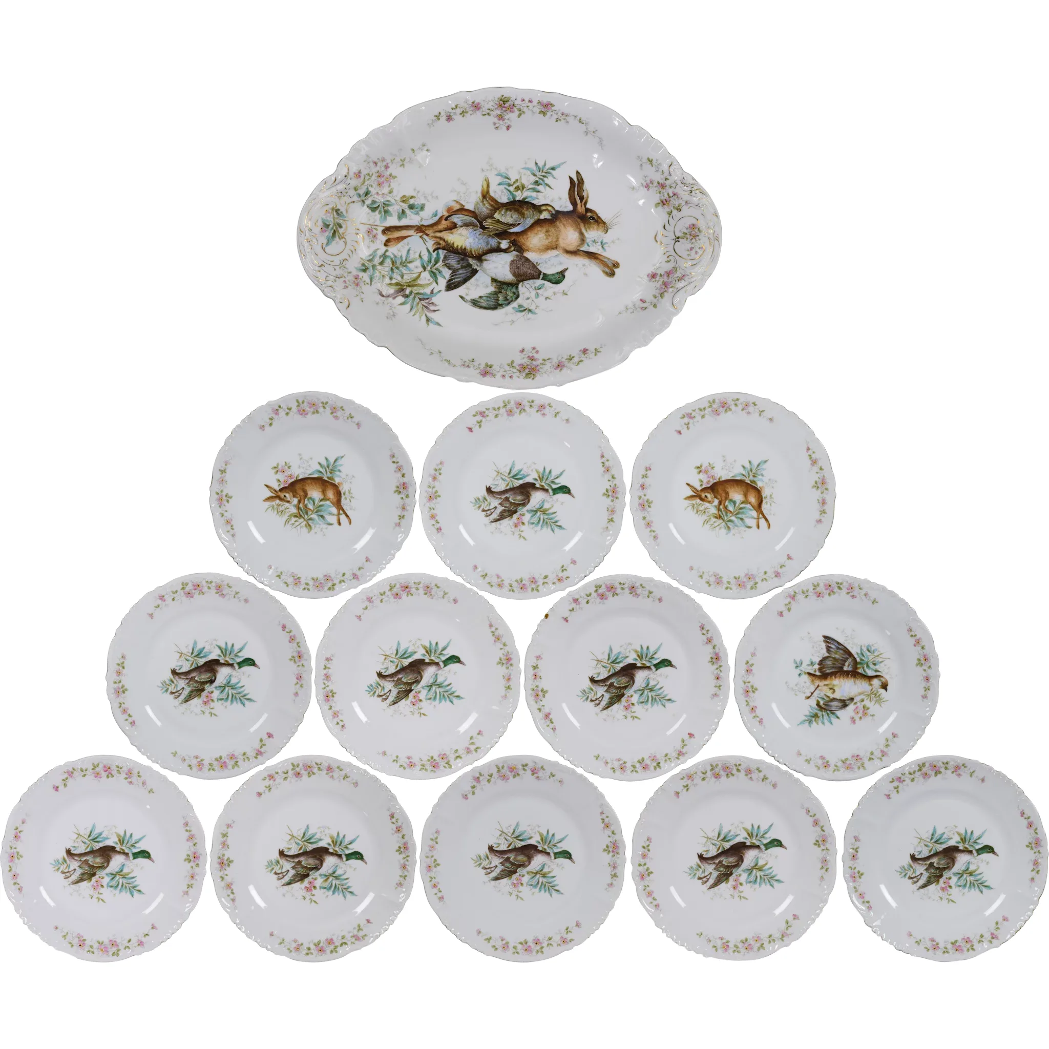 Antique German Porcelain Game Set - Rabbits and Fowl - Transfer and Hand Painted