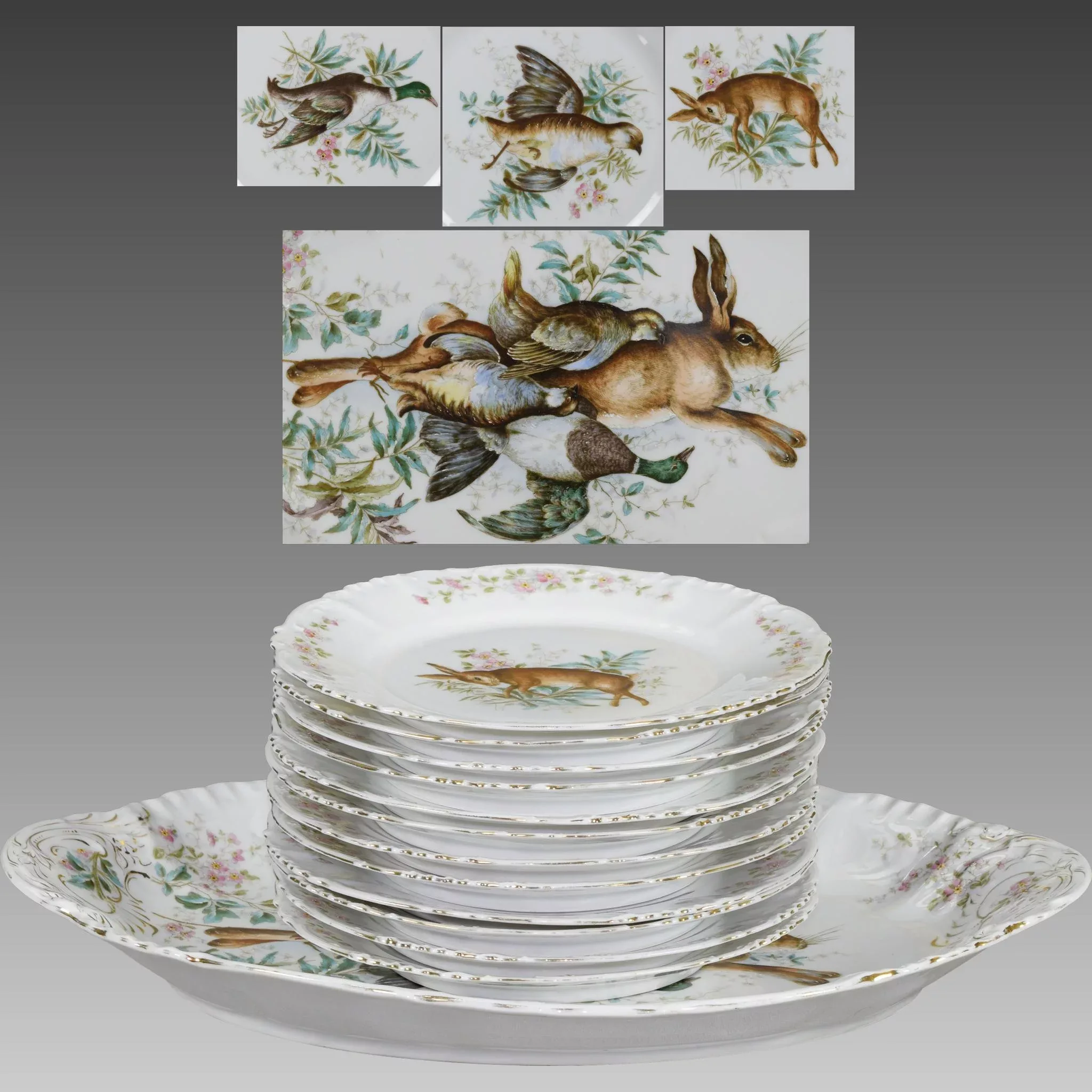Antique German Porcelain Game Set - Rabbits and Fowl - Transfer and Hand Painted - View 2