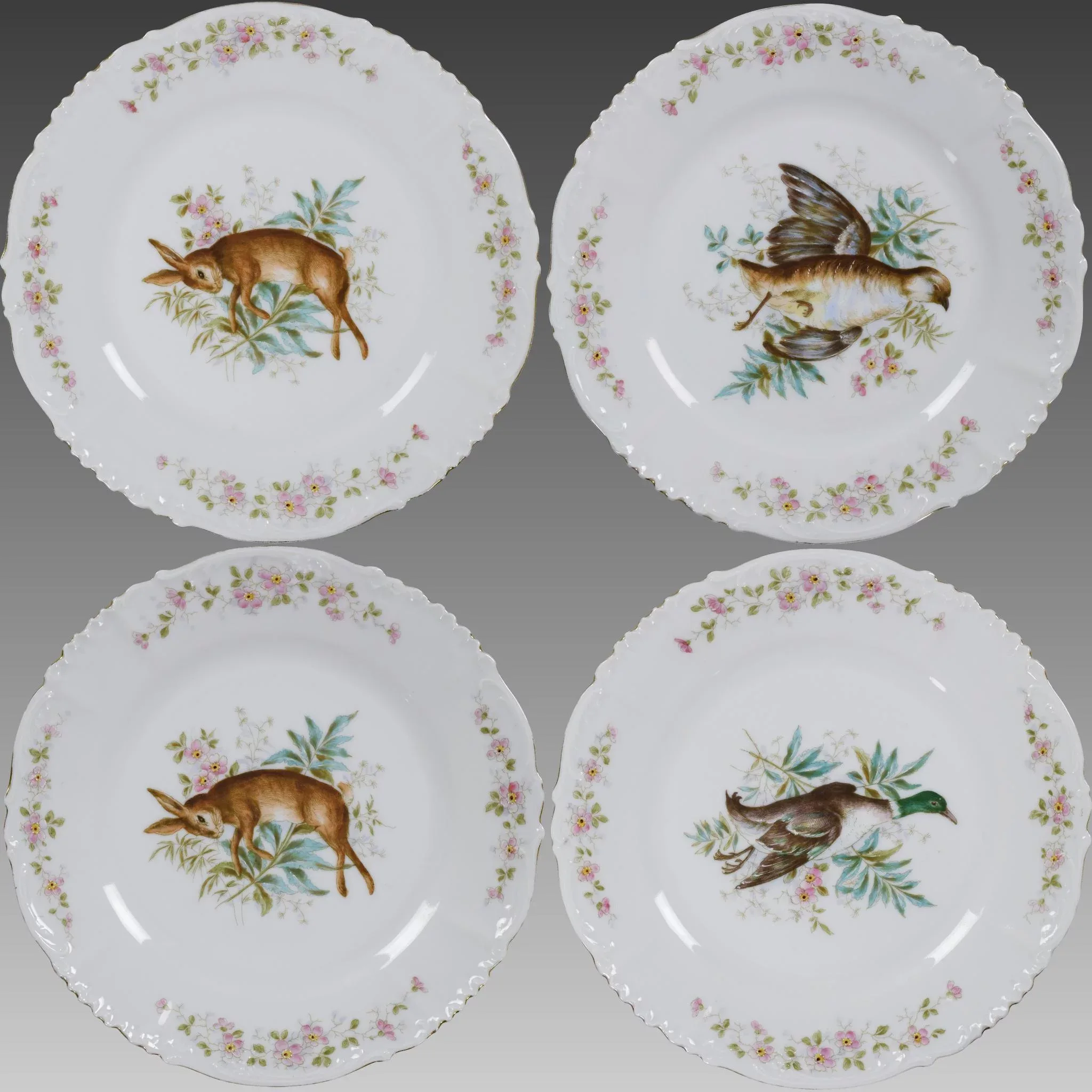 Antique German Porcelain Game Set - Rabbits and Fowl - Transfer and Hand Painted - View 7