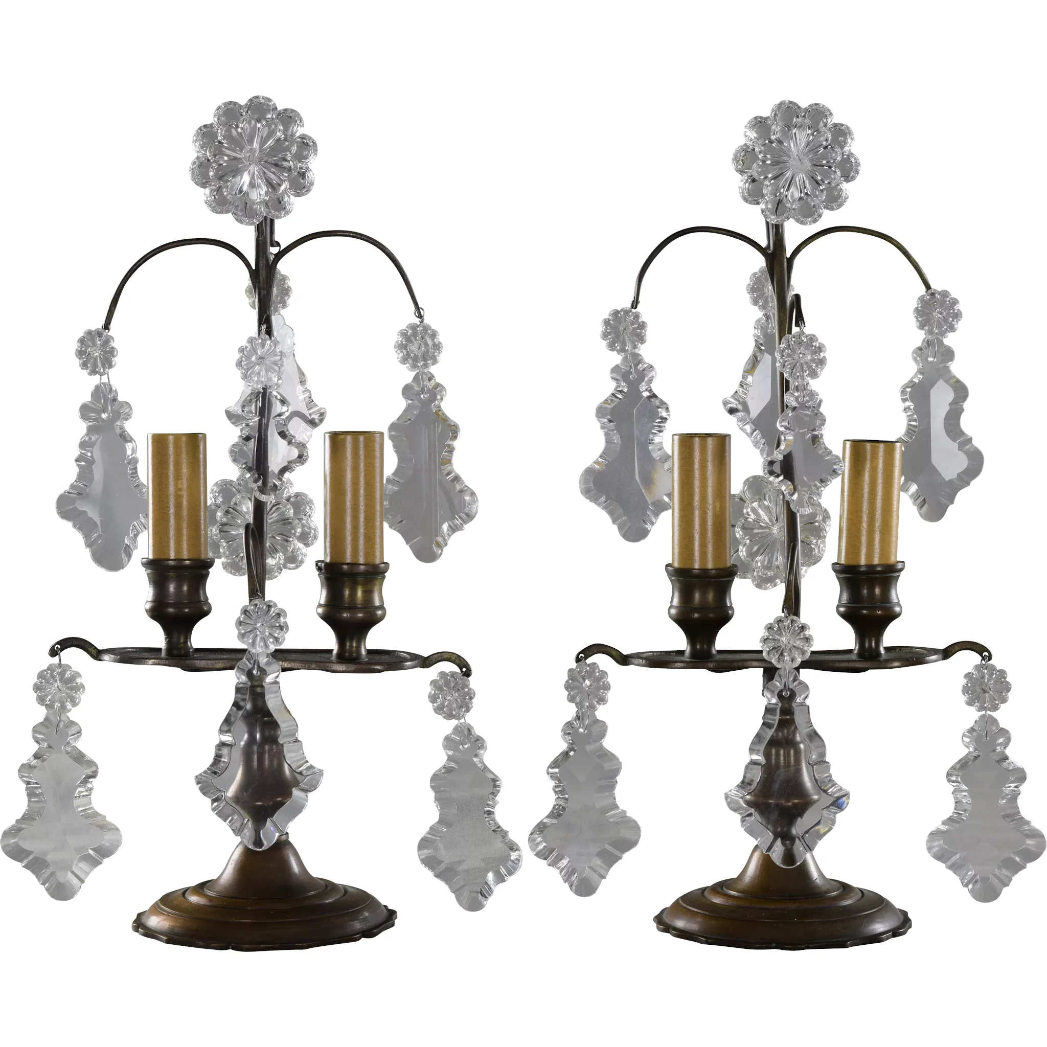 Pair Petite French Bronze and Crystal Candelabra Lamps