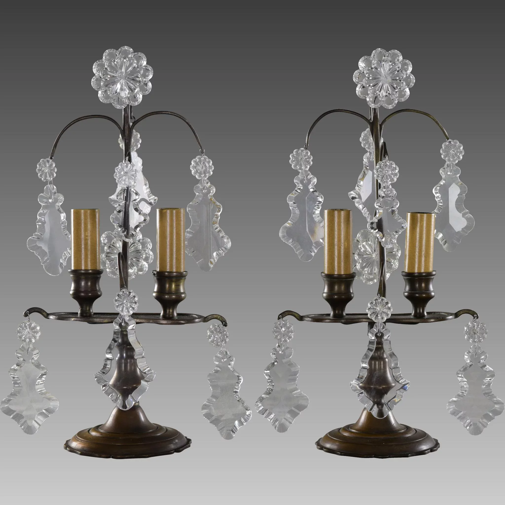 Pair Petite French Bronze and Crystal Candelabra Lamps - View 2