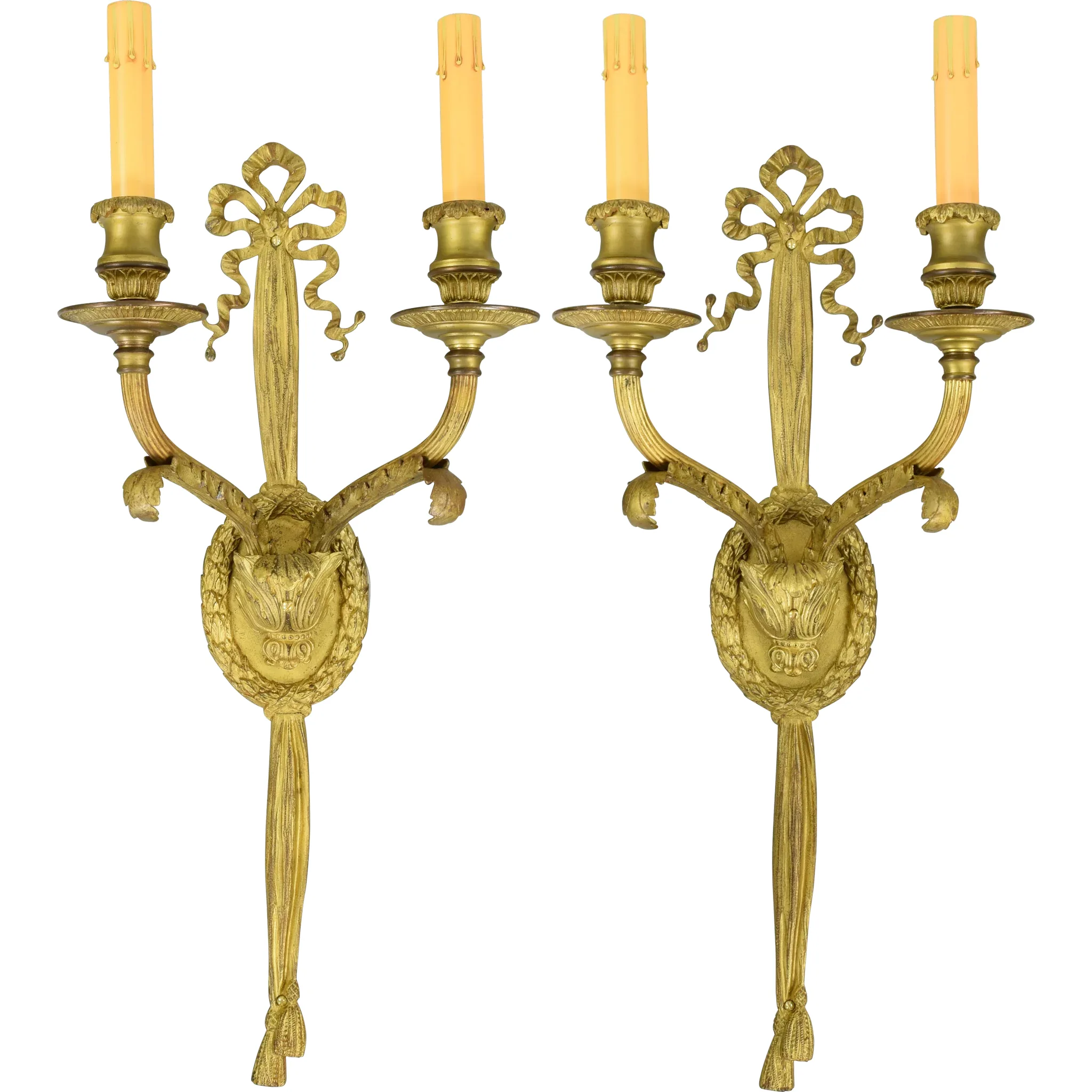 Pair Gilt Brass French 2-Light Wall Sconces