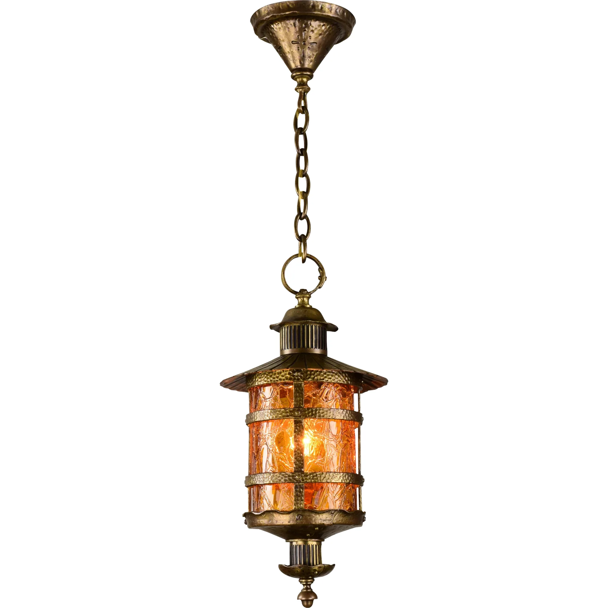 Vintage Crackle Glass Lantern Pendant Light Brass - Max Shaffer Co 1928