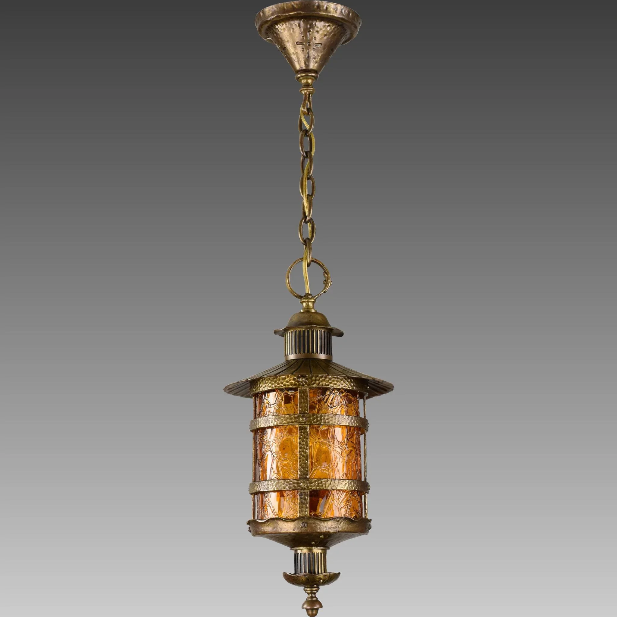 Vintage Crackle Glass Lantern Pendant Light Brass - Max Shaffer Co 1928 - View 2