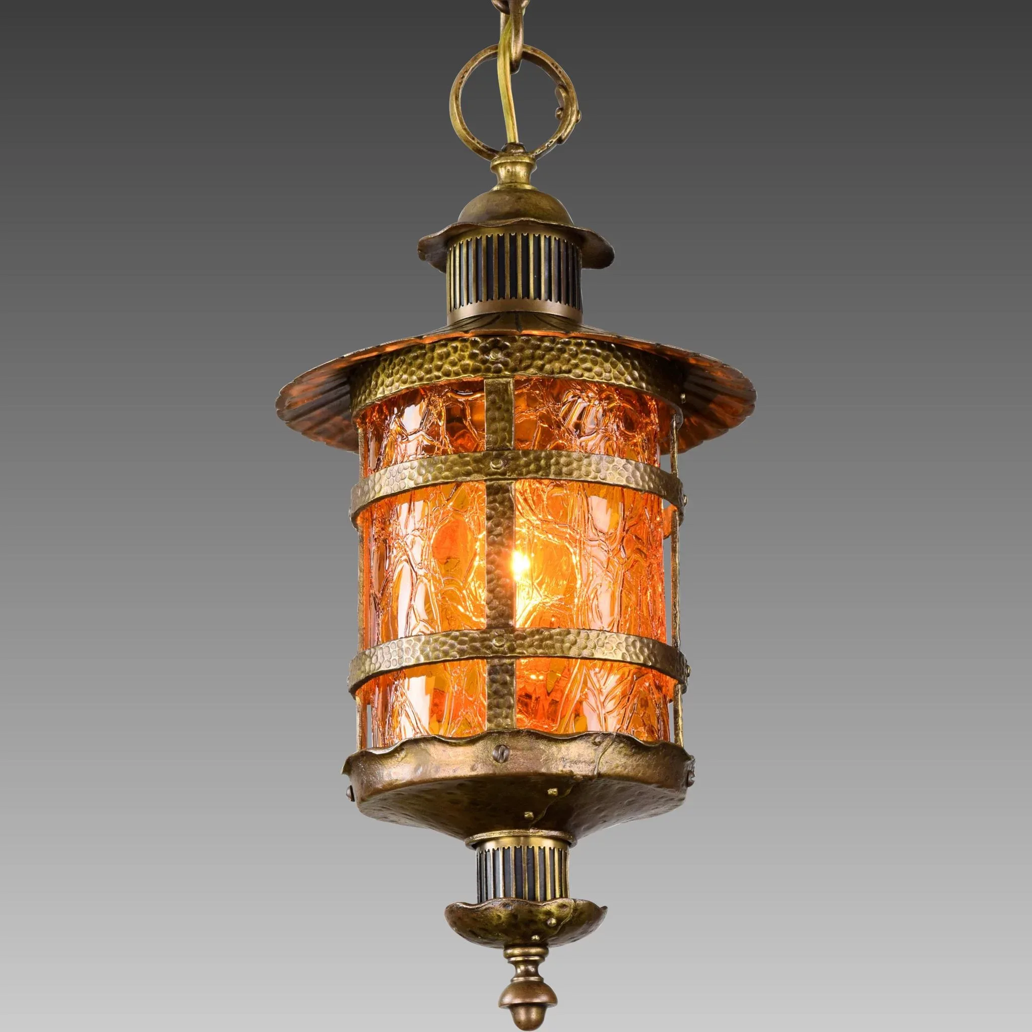 Vintage Crackle Glass Lantern Pendant Light Brass - Max Shaffer Co 1928 - View 3