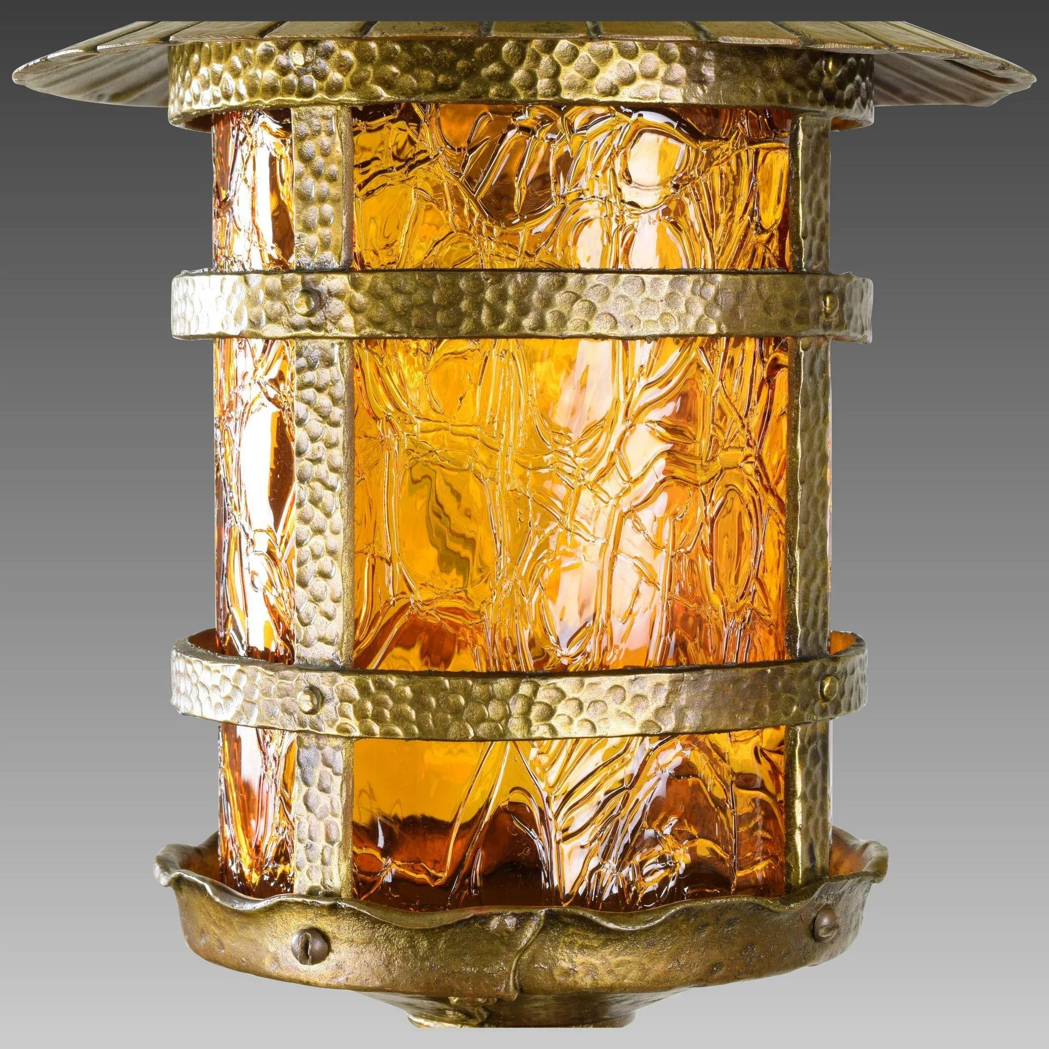 Vintage Crackle Glass Lantern Pendant Light Brass - Max Shaffer Co 1928 - View 4
