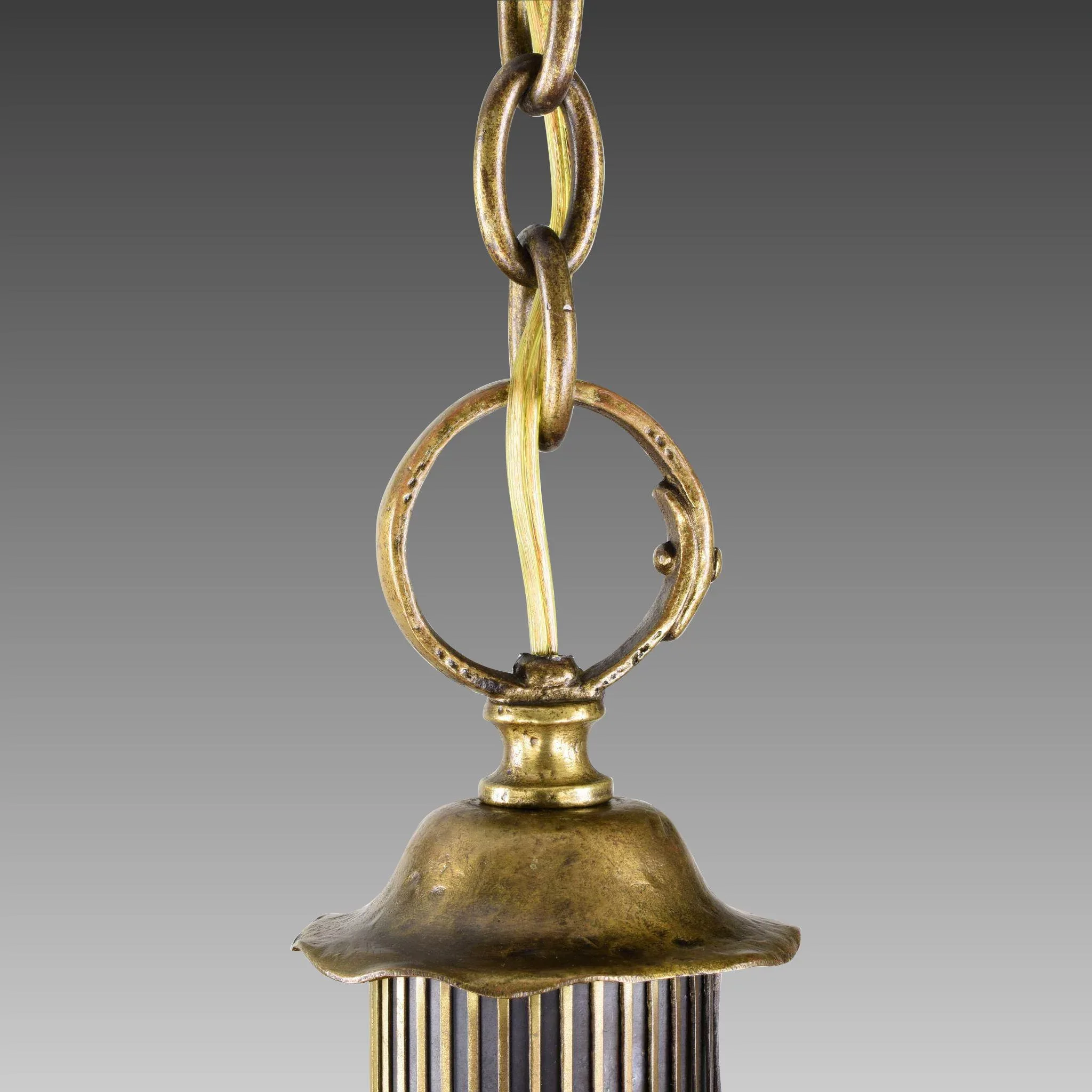Vintage Crackle Glass Lantern Pendant Light Brass - Max Shaffer Co 1928 - View 6