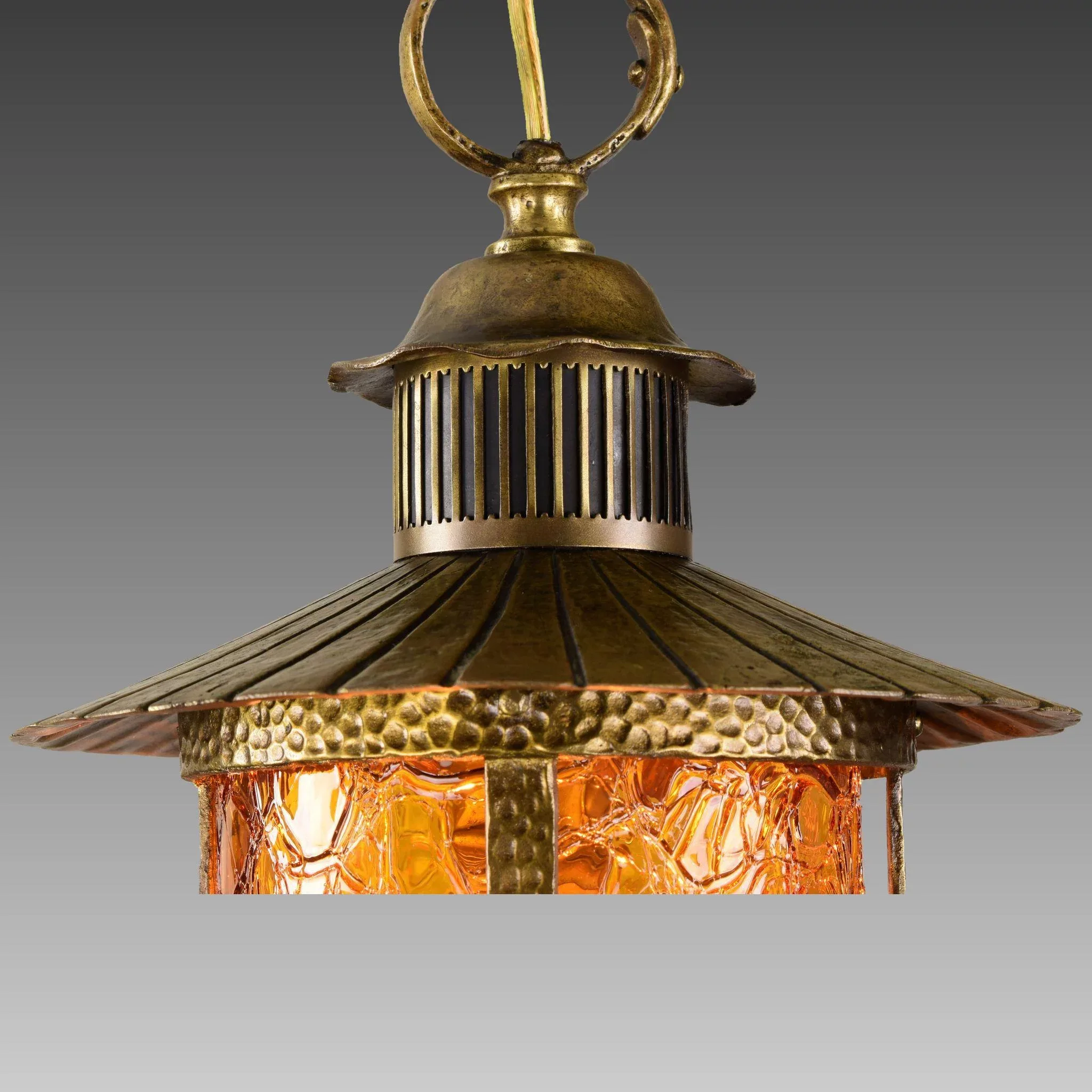 Vintage Crackle Glass Lantern Pendant Light Brass - Max Shaffer Co 1928 - View 7