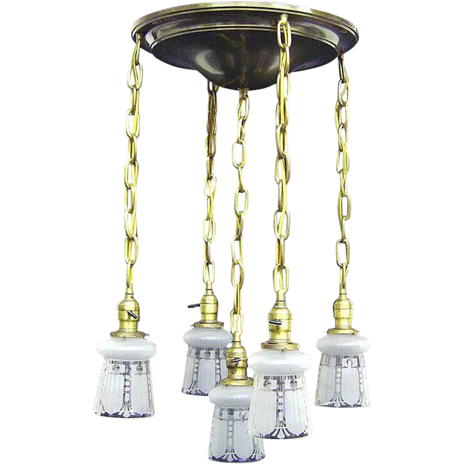Vintage Flush Mount Brass Shower Fixture - 5 Original Etched Shades
