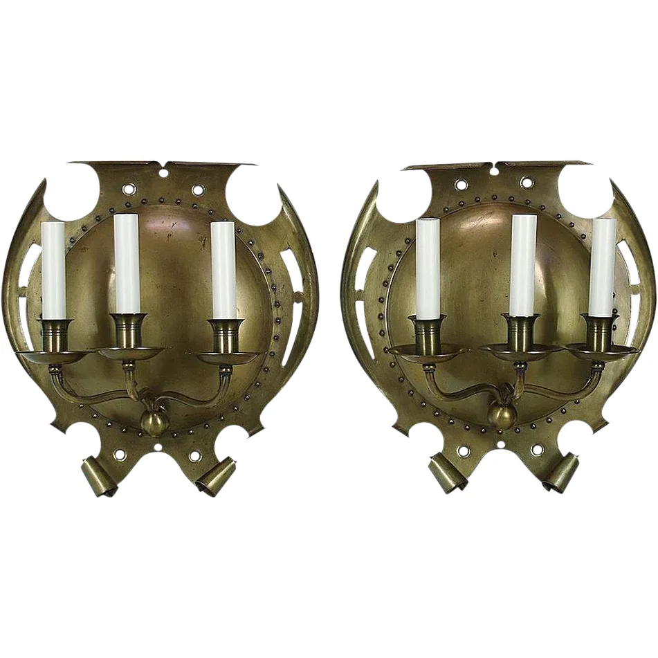 Pair Large Antique Brass 3 Light Sconces - Arts and Crafts