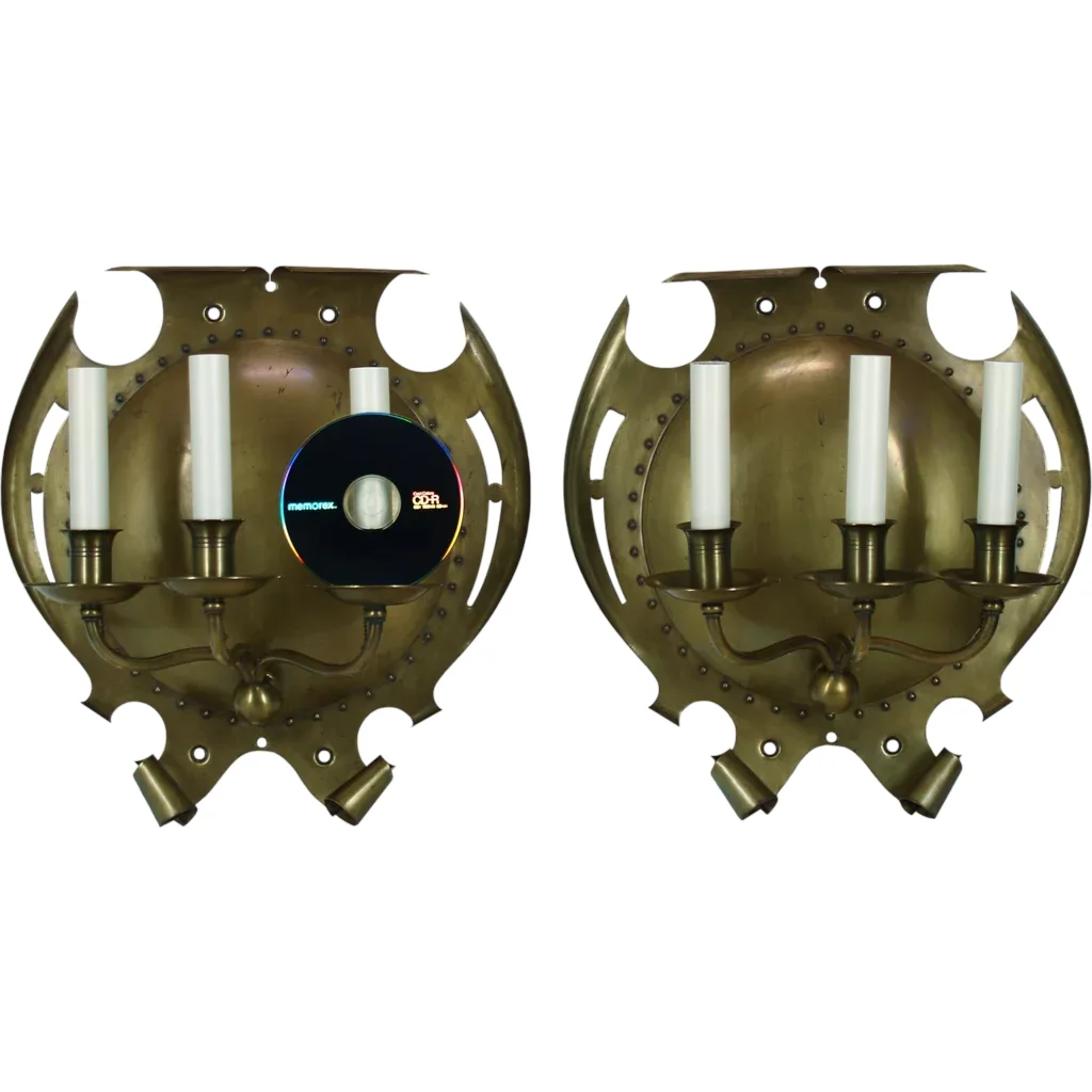 Pair Large Antique Brass 3 Light Sconces - Arts and Crafts - View 2