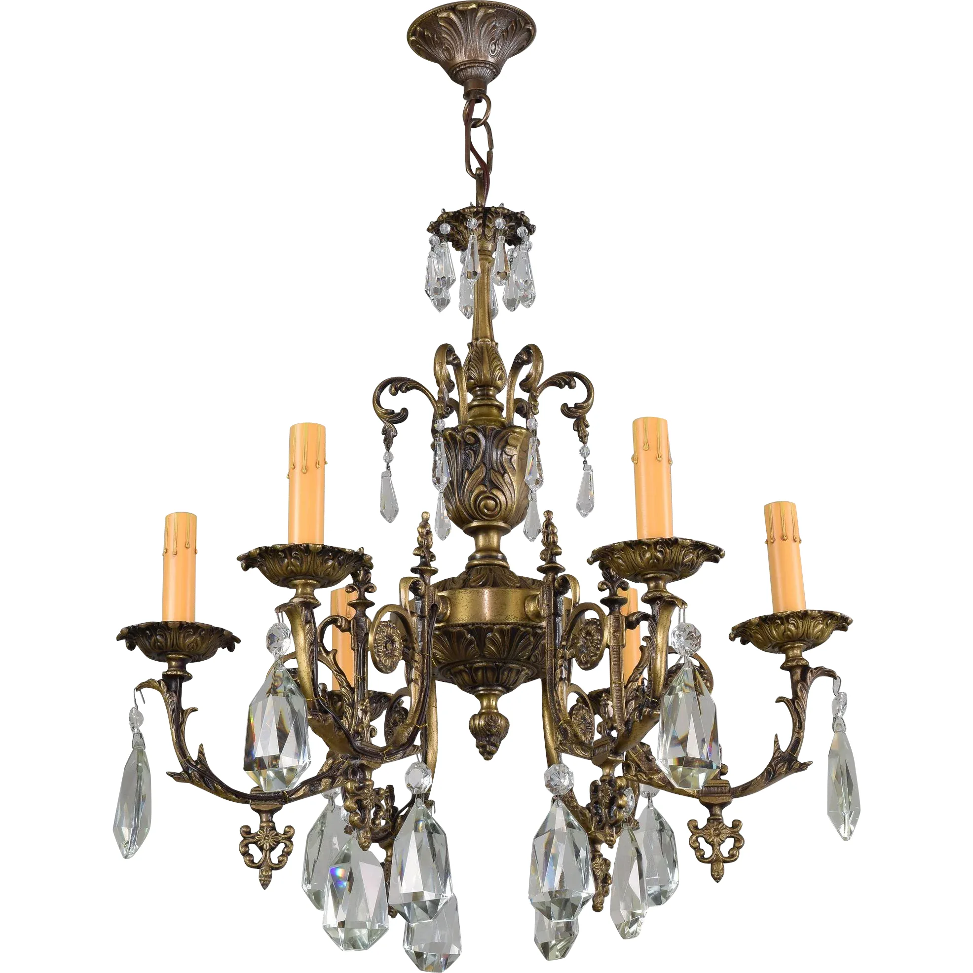 Vintage French Bronze and Crystal 6 Light Chandelier