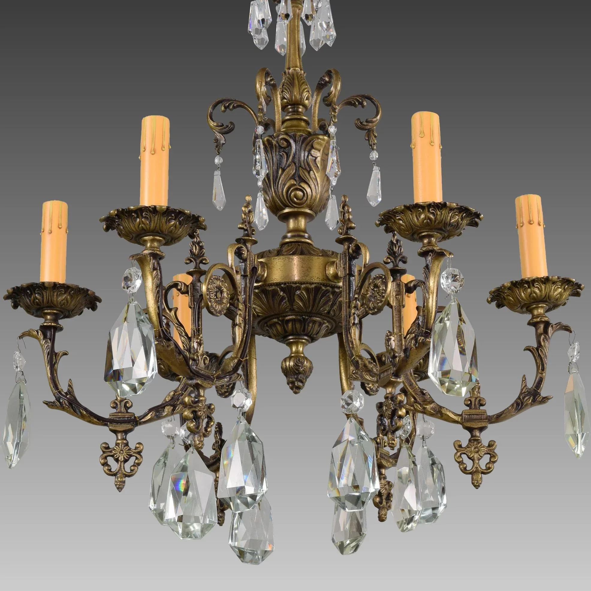Vintage French Bronze and Crystal 6 Light Chandelier - View 2