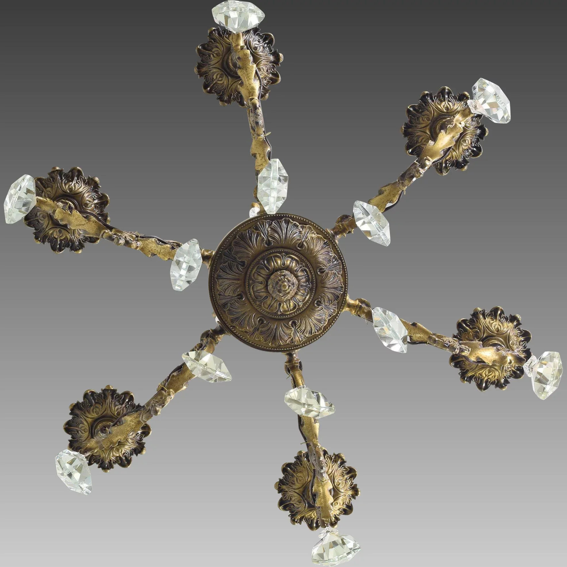 Vintage French Bronze and Crystal 6 Light Chandelier - View 3