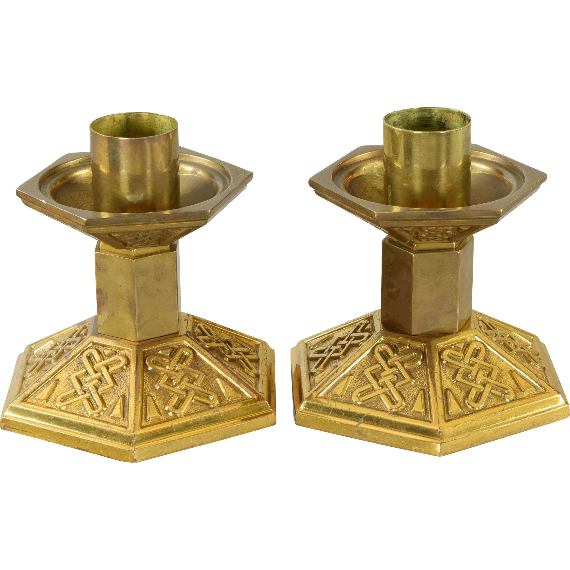 Pair Antique Embossed Brass Church Candlesticks