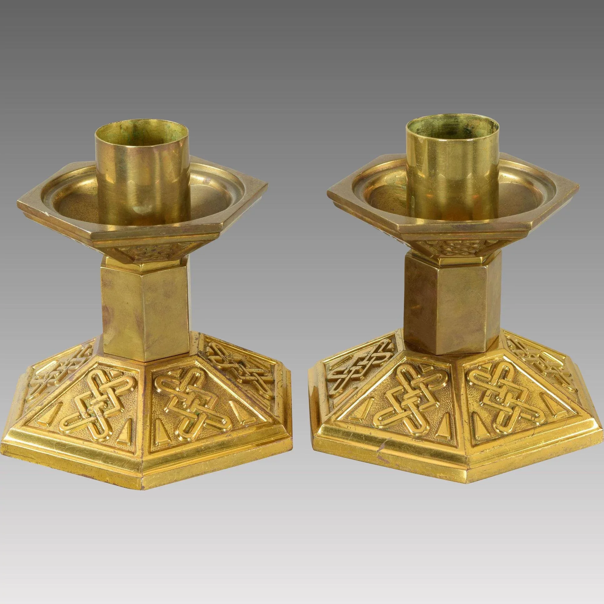 Pair Antique Embossed Brass Church Candlesticks - View 2