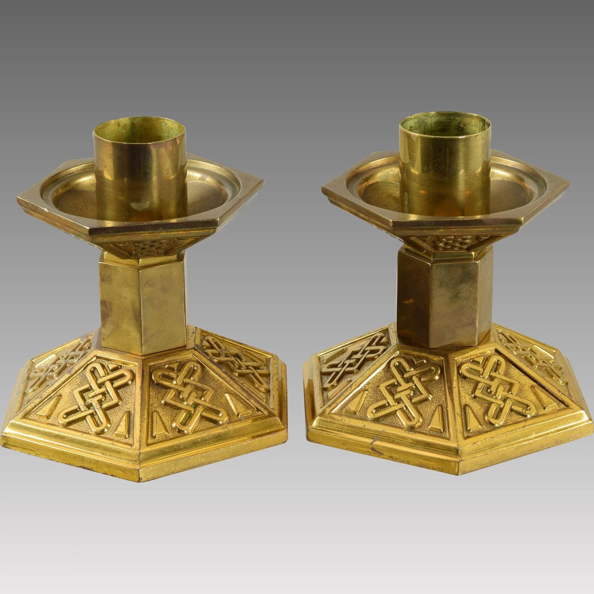 Pair Antique Embossed Brass Church Candlesticks - View 3