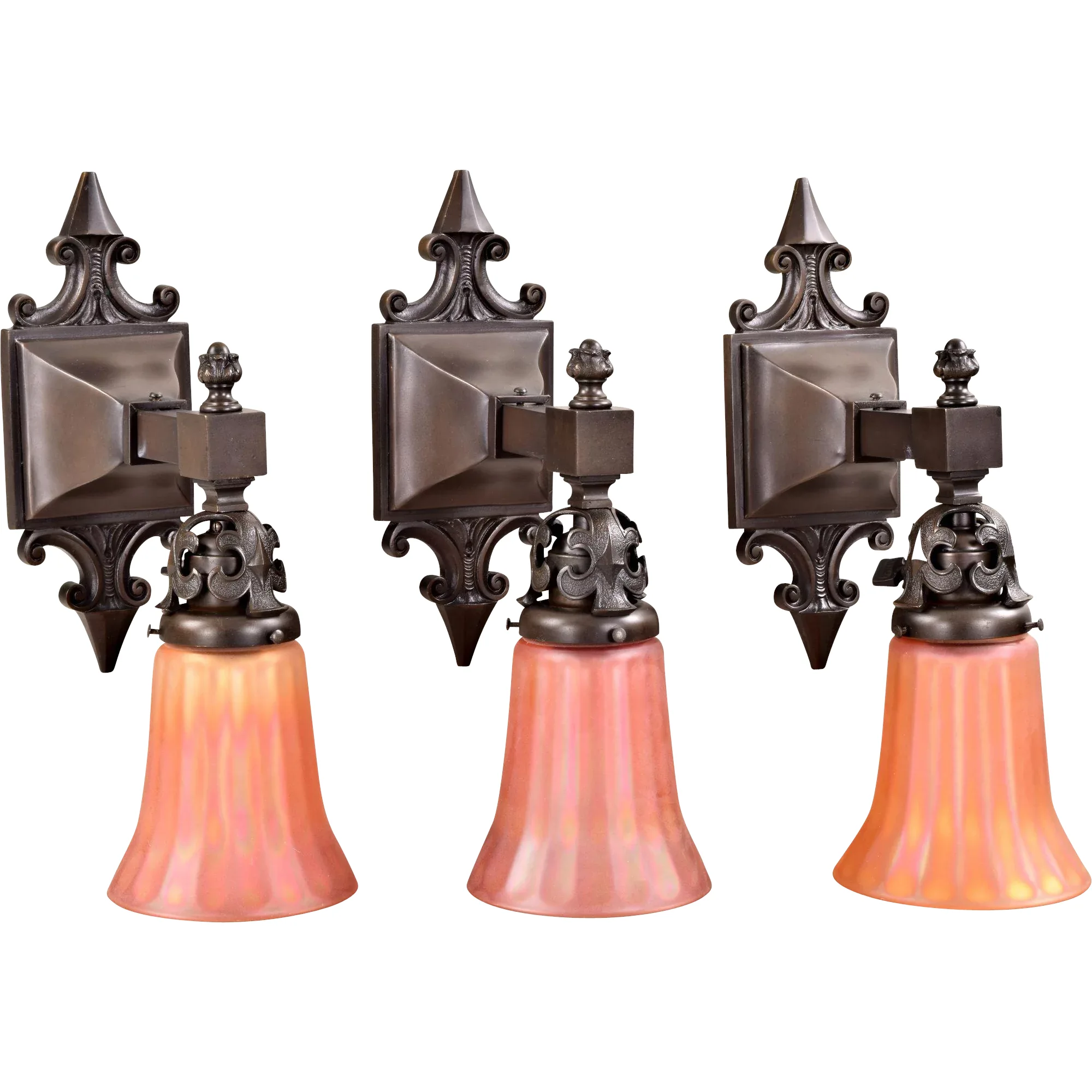 3 Antique Bronze Wall Sconces with Carnival Glass Shades - Age Darkened Patina