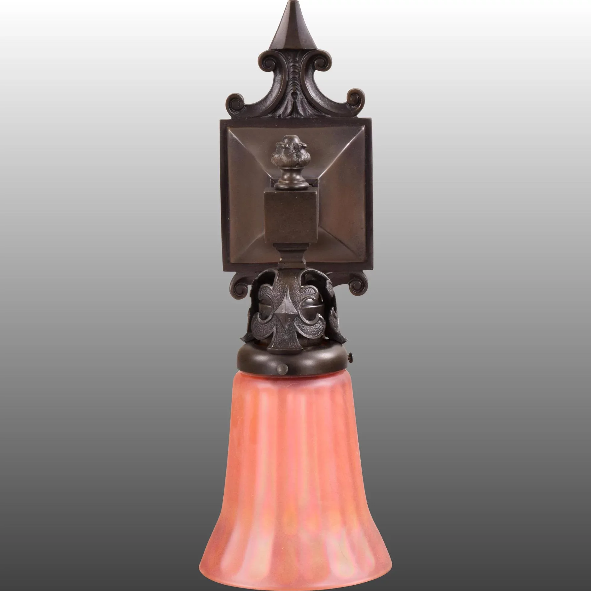 3 Antique Bronze Wall Sconces with Carnival Glass Shades - Age Darkened Patina - View 2