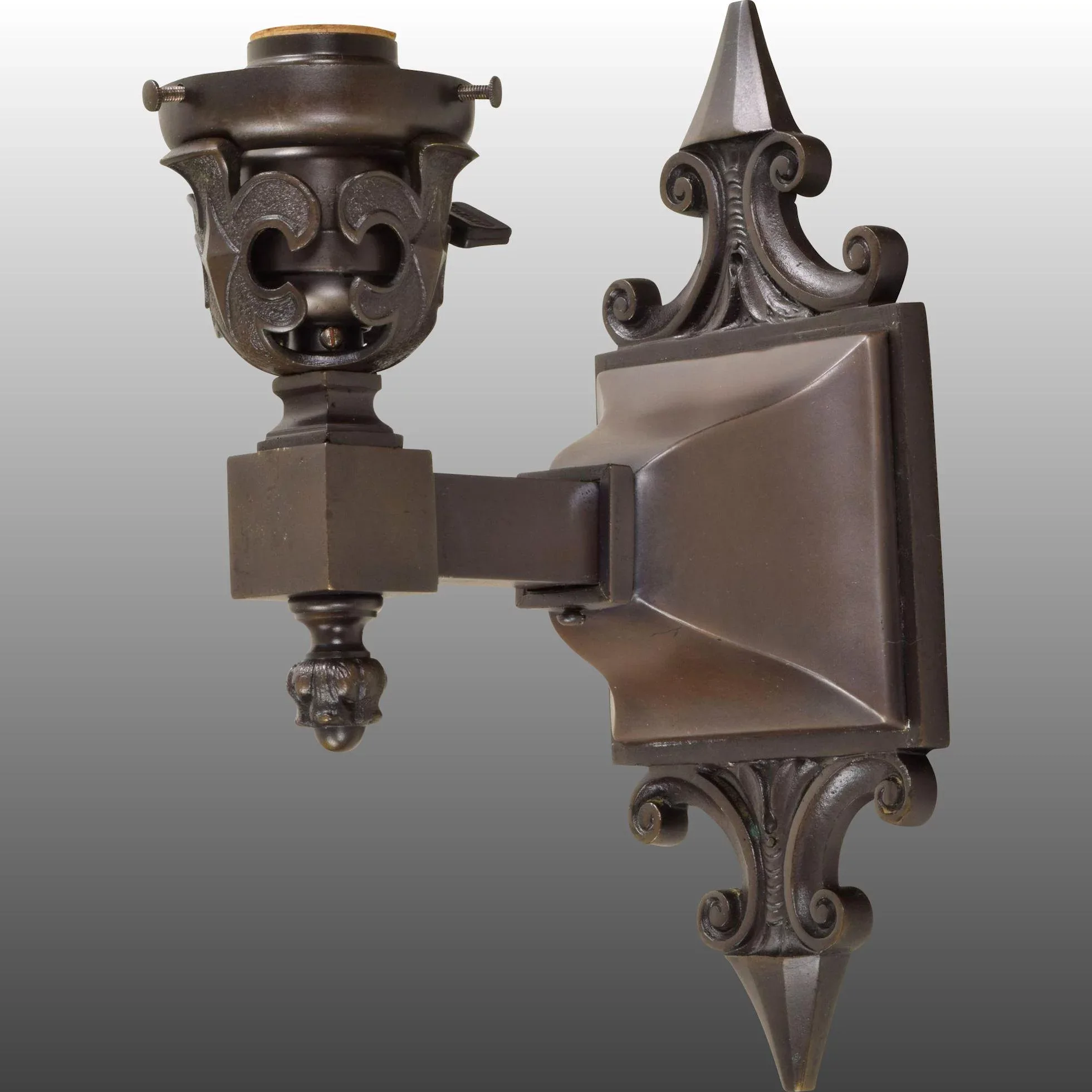3 Antique Bronze Wall Sconces with Carnival Glass Shades - Age Darkened Patina - View 4