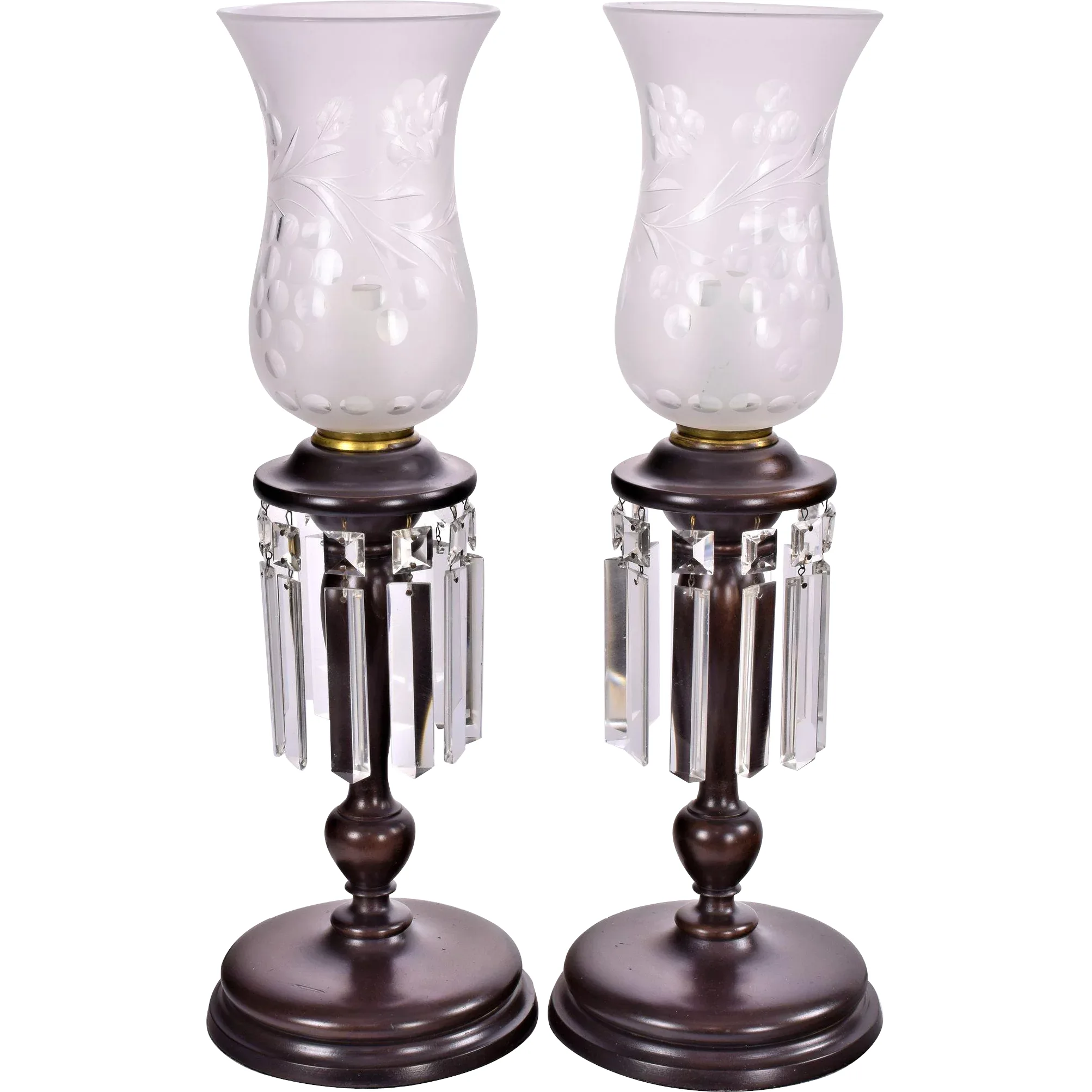 Pair Antique Mahogany Colonial Style Electric Buffet Lamps with Prisms and Deep Cut Shades