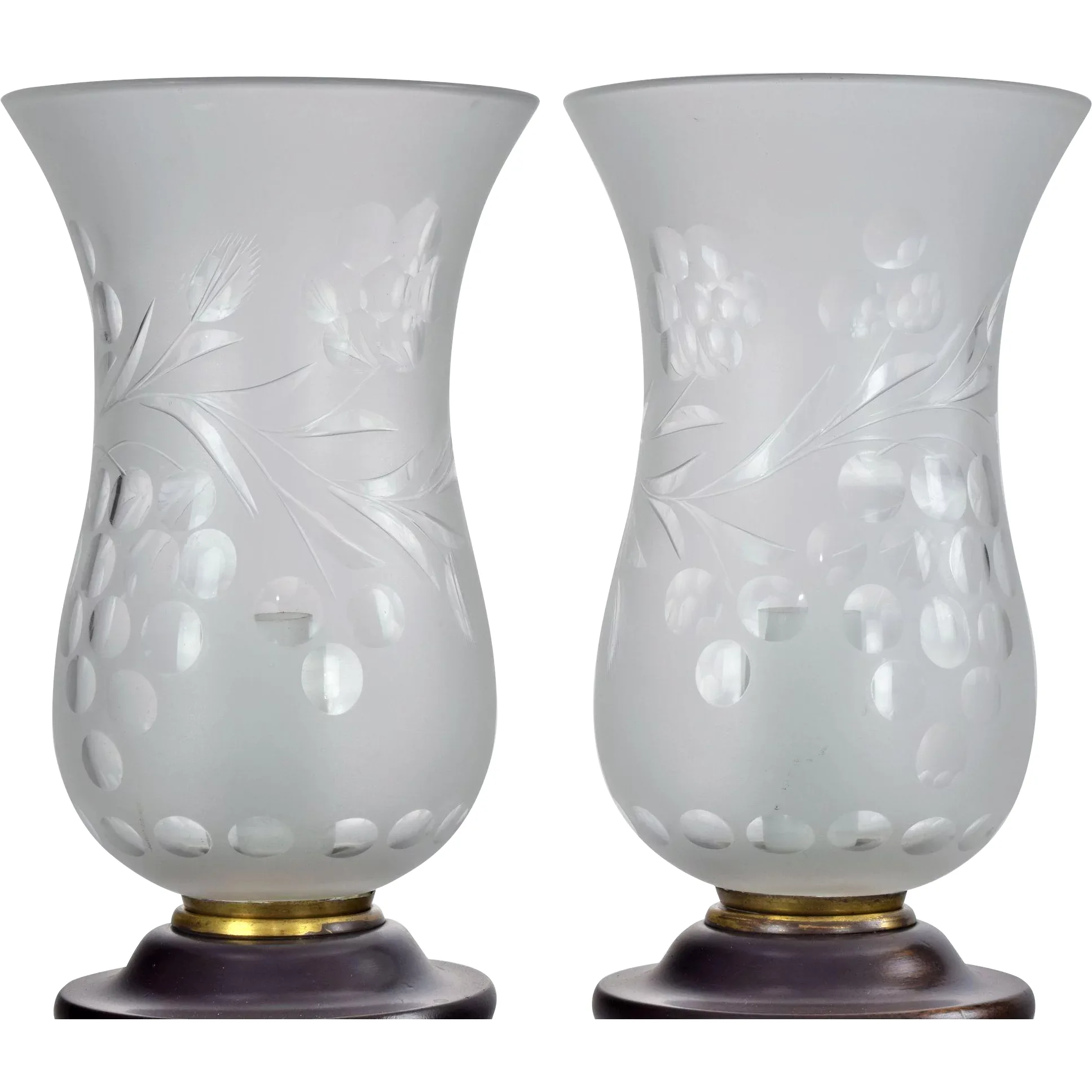 Pair Antique Mahogany Colonial Style Electric Buffet Lamps with Prisms and Deep Cut Shades - View 2