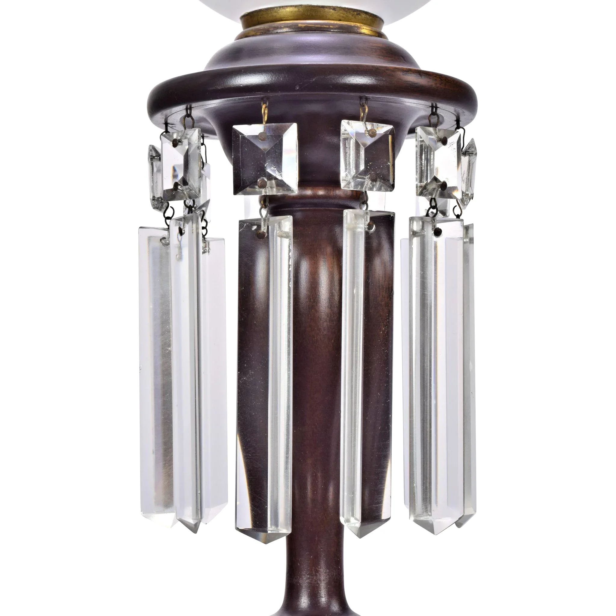 Pair Antique Mahogany Colonial Style Electric Buffet Lamps with Prisms and Deep Cut Shades - View 3