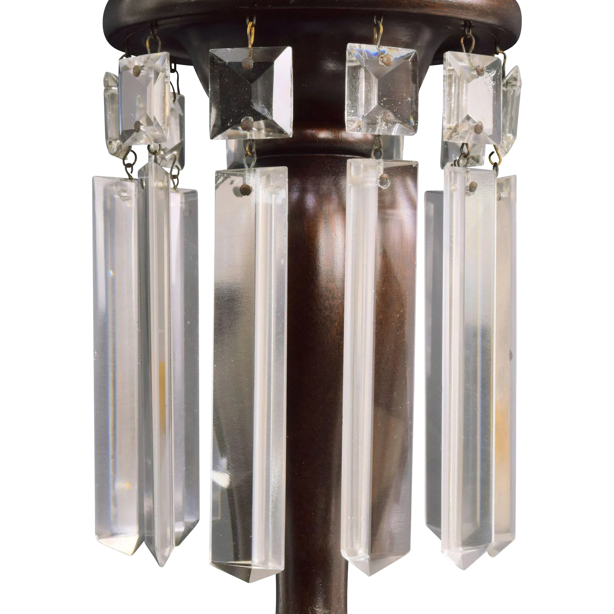 Pair Antique Mahogany Colonial Style Electric Buffet Lamps with Prisms and Deep Cut Shades - View 4