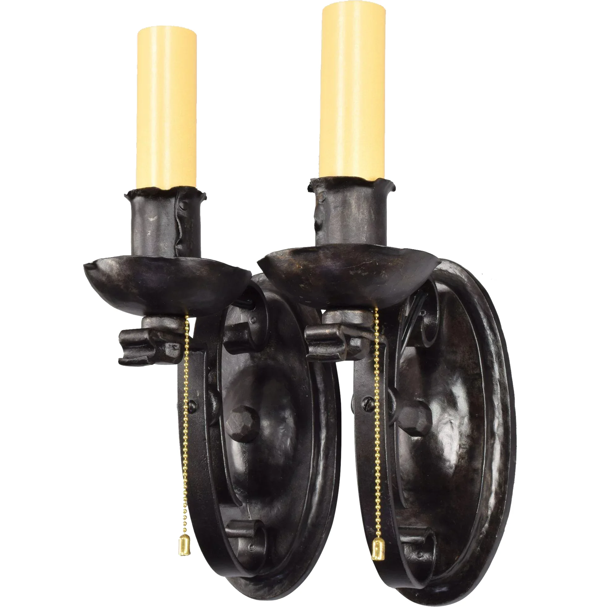 Pair Vintage Arts & Crafts Blackened Iron One Light Wall Sconces - Pull Chain Sockets