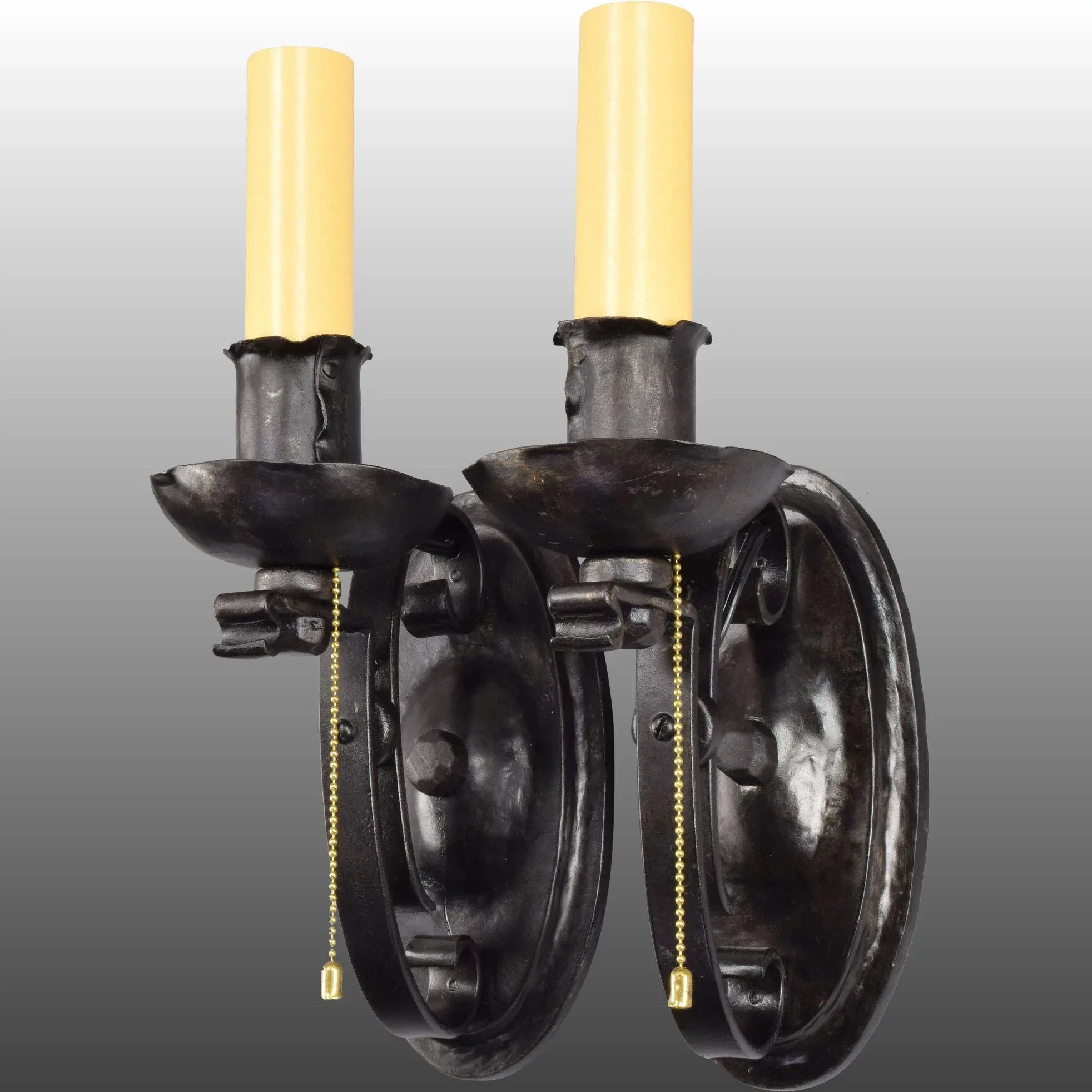 Pair Vintage Arts & Crafts Blackened Iron One Light Wall Sconces - Pull Chain Sockets - View 2