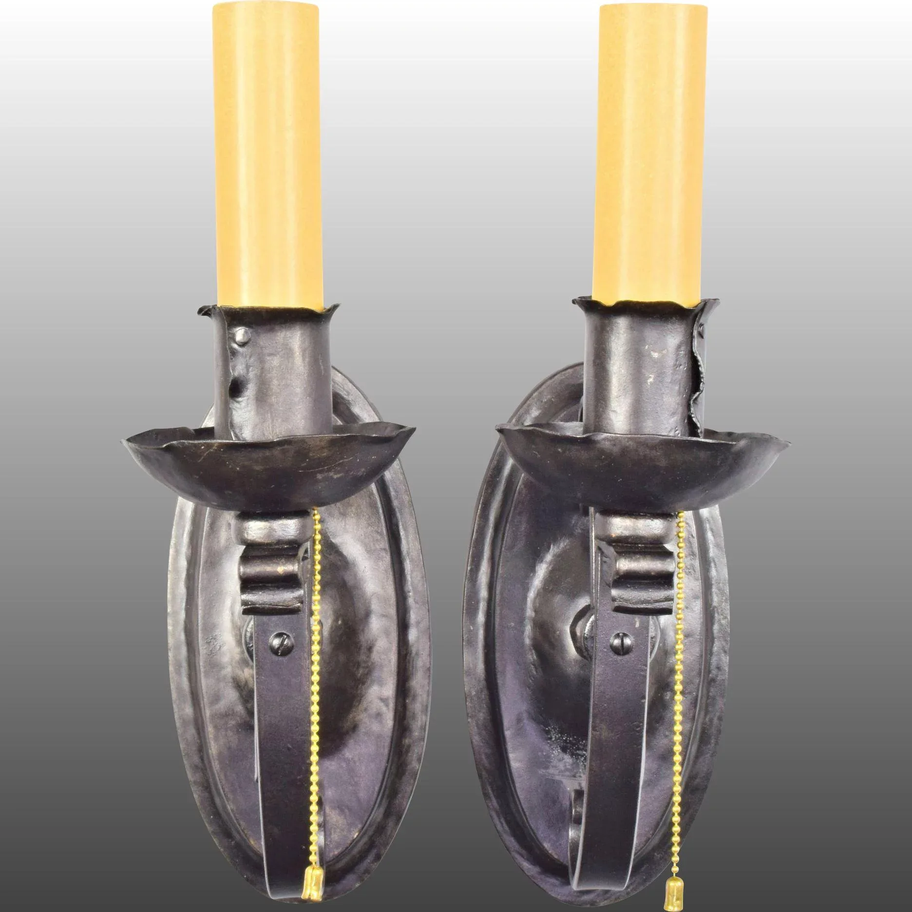 Pair Vintage Arts & Crafts Blackened Iron One Light Wall Sconces - Pull Chain Sockets - View 3