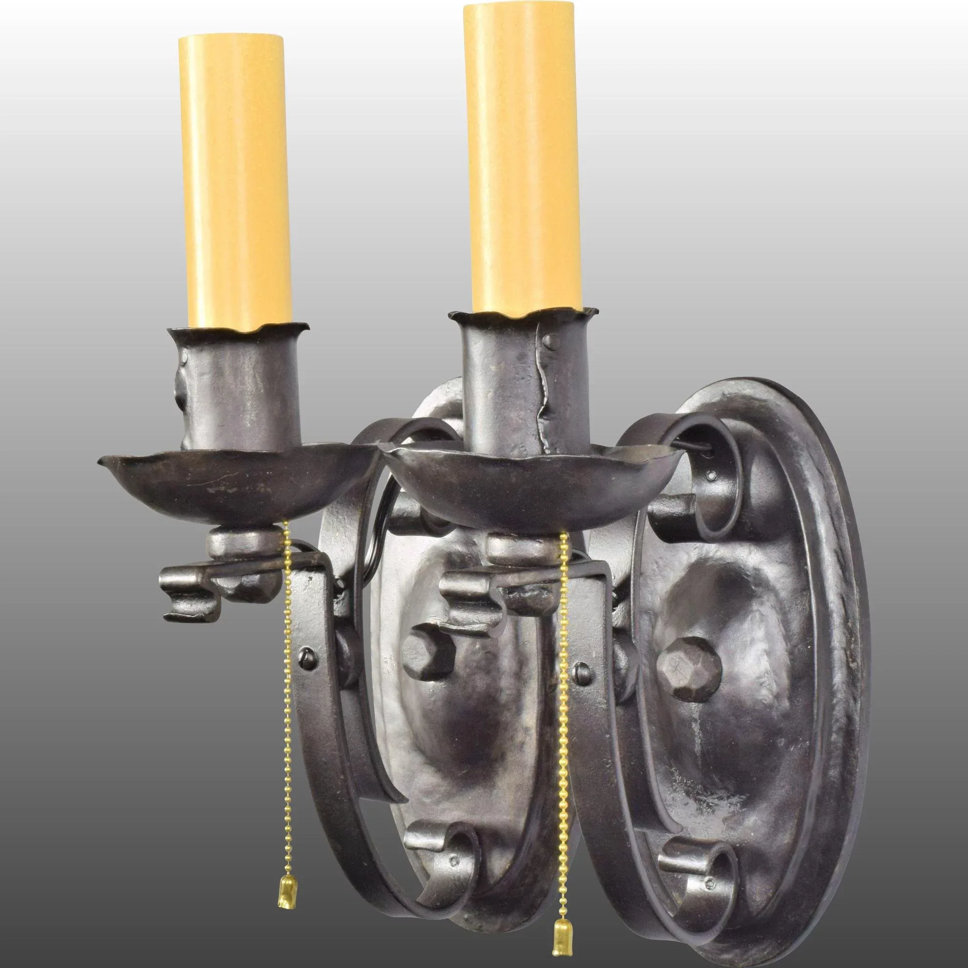 Pair Vintage Arts & Crafts Blackened Iron One Light Wall Sconces - Pull Chain Sockets - View 5