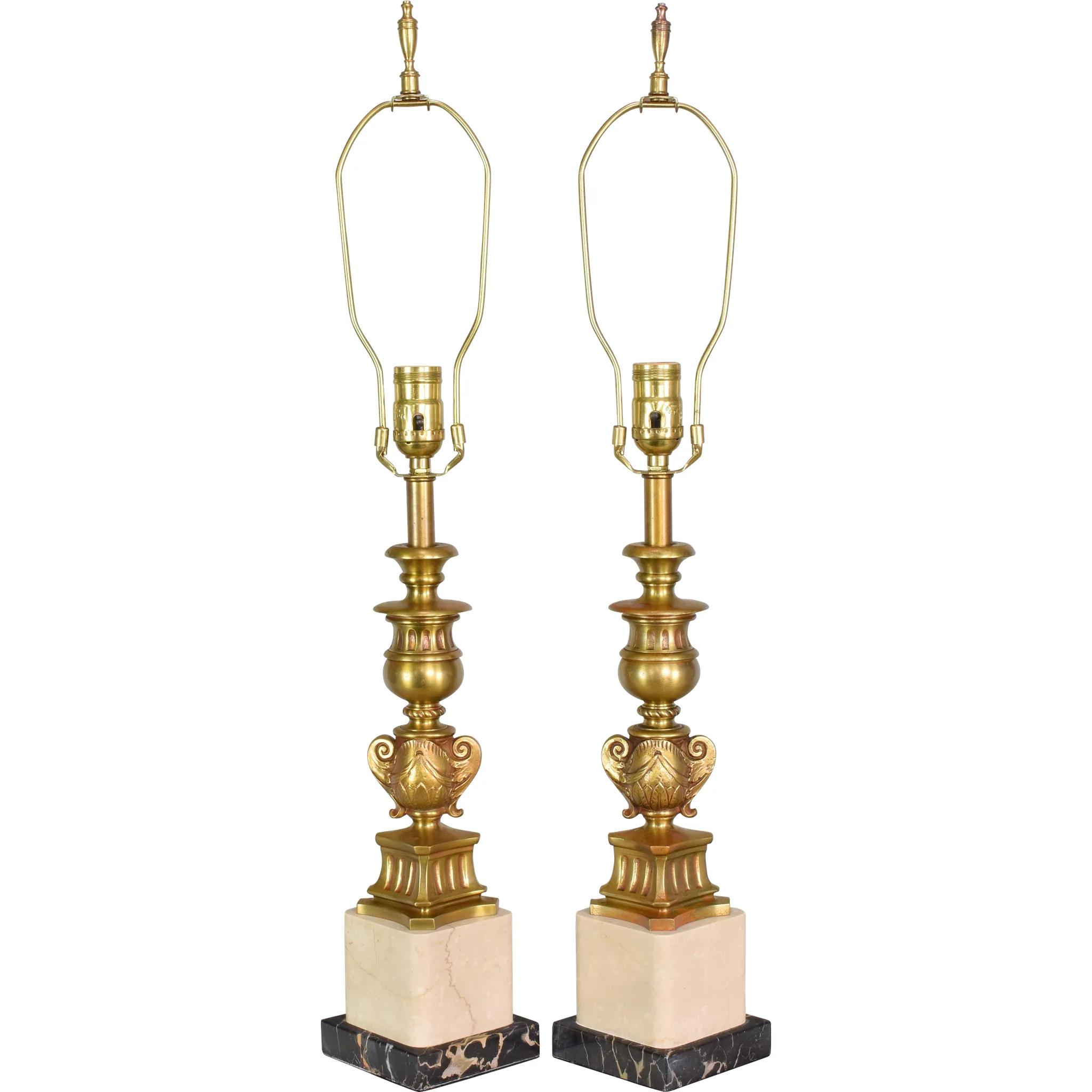 Pair Vintage Bronze and Marble Converted Candlestick Table Lamps