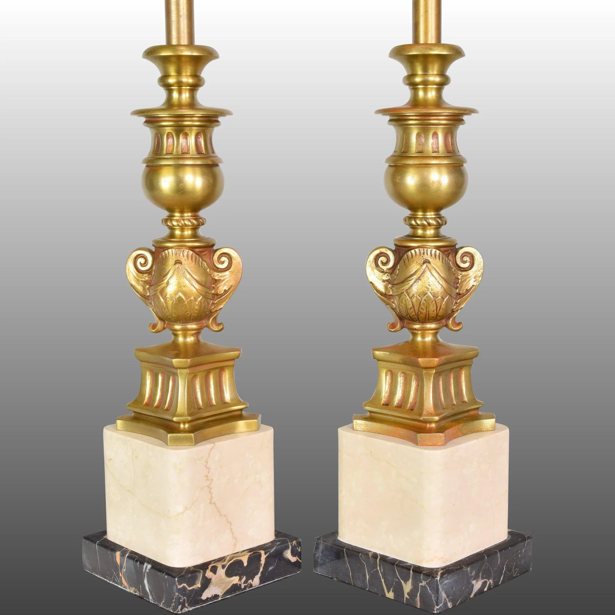 Pair Vintage Bronze and Marble Converted Candlestick Table Lamps - View 2