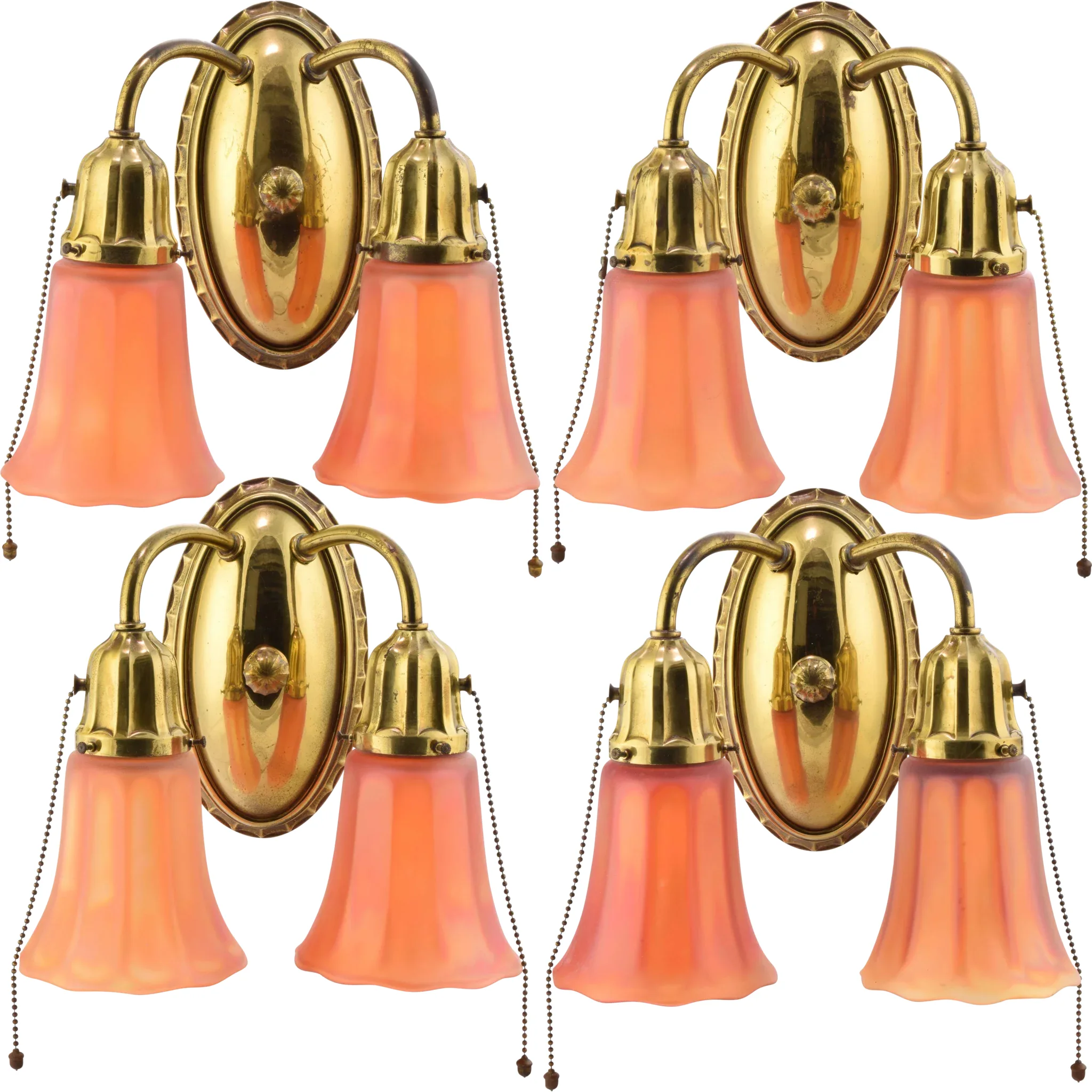 Set 4 Vintage Brass Miller 2-Light Sconces with Nuart Carnival Glass Shades