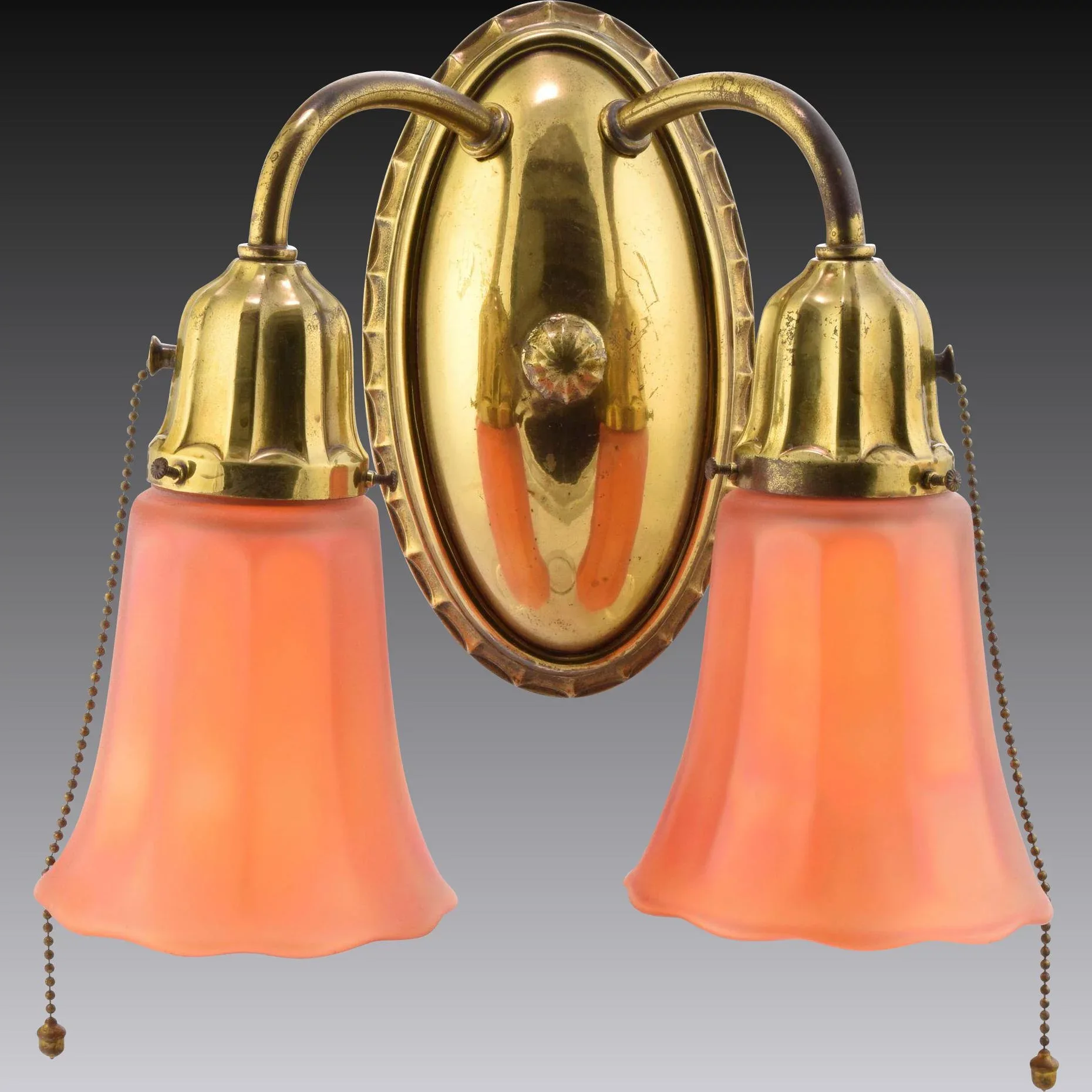 Set 4 Vintage Brass Miller 2-Light Sconces with Nuart Carnival Glass Shades - View 2