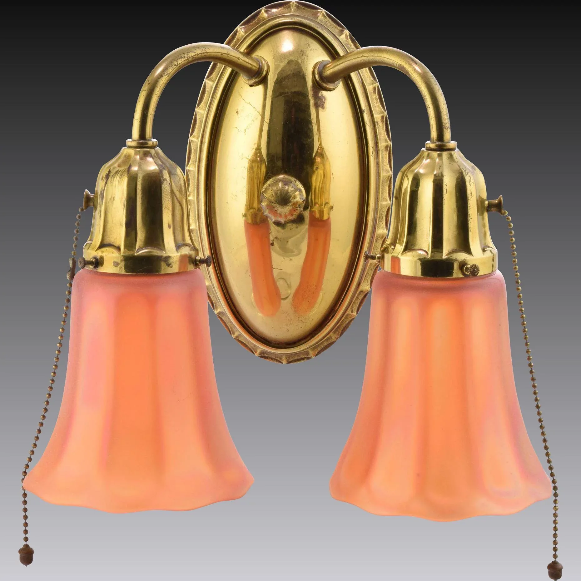 Set 4 Vintage Brass Miller 2-Light Sconces with Nuart Carnival Glass Shades - View 3