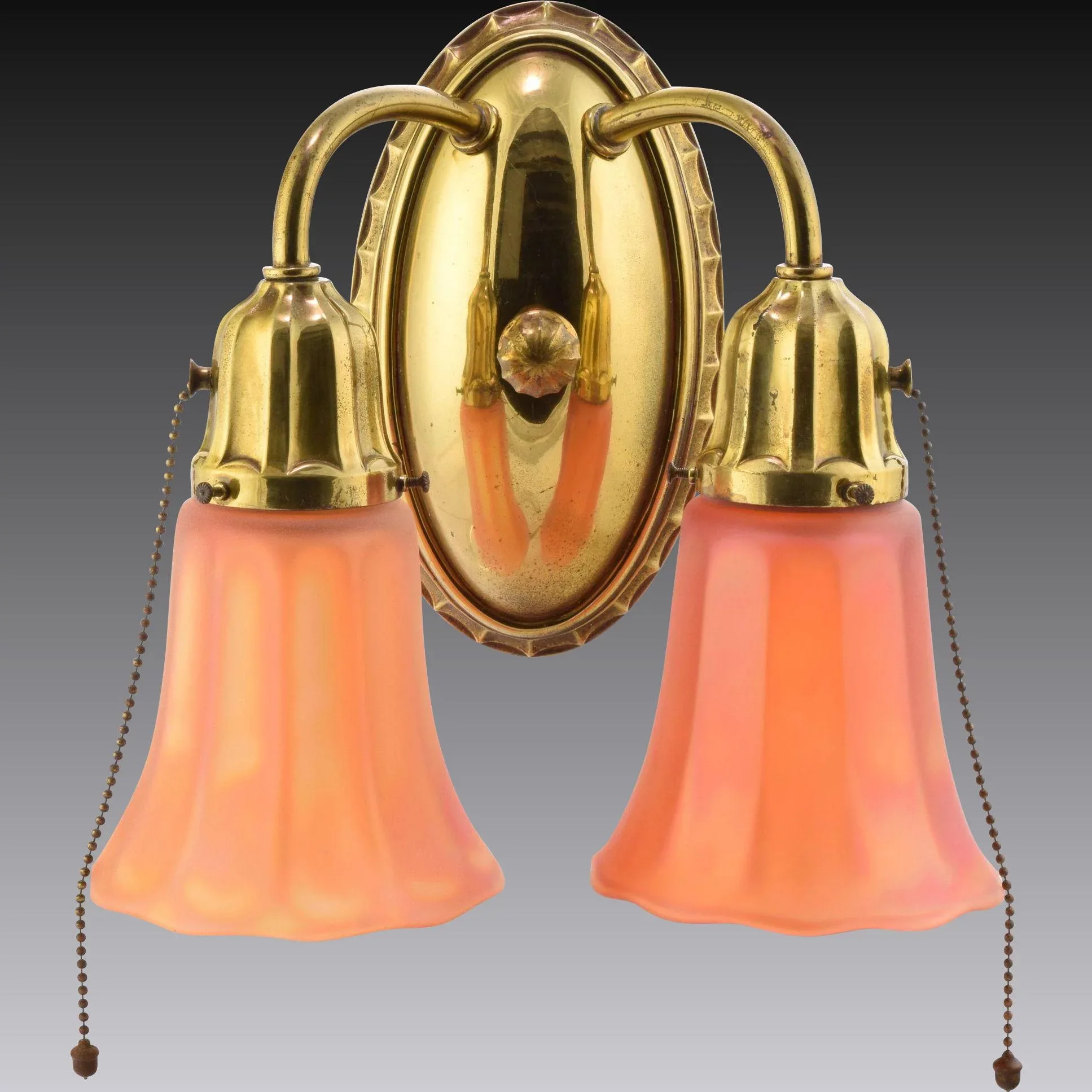 Set 4 Vintage Brass Miller 2-Light Sconces with Nuart Carnival Glass Shades - View 4