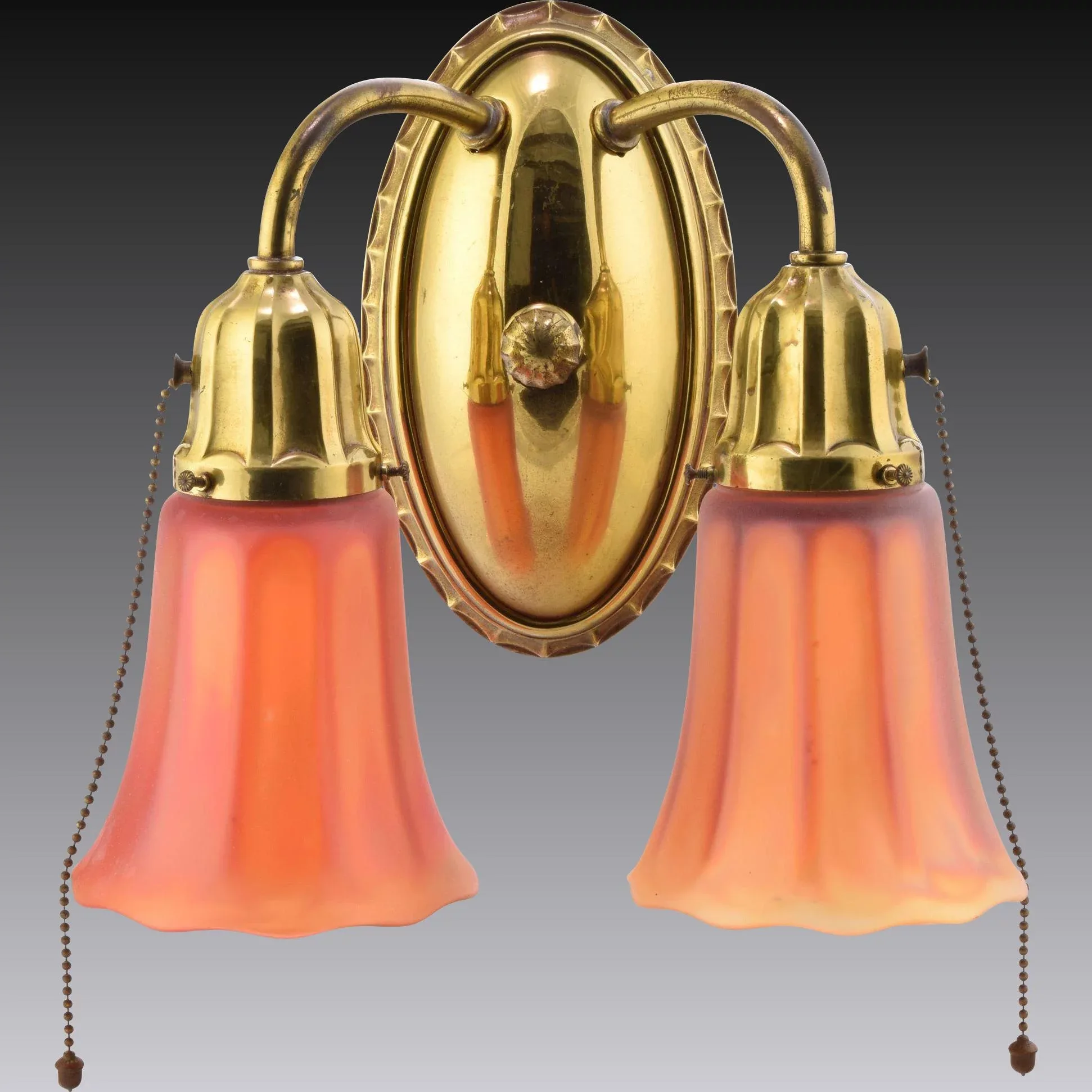 Set 4 Vintage Brass Miller 2-Light Sconces with Nuart Carnival Glass Shades - View 5