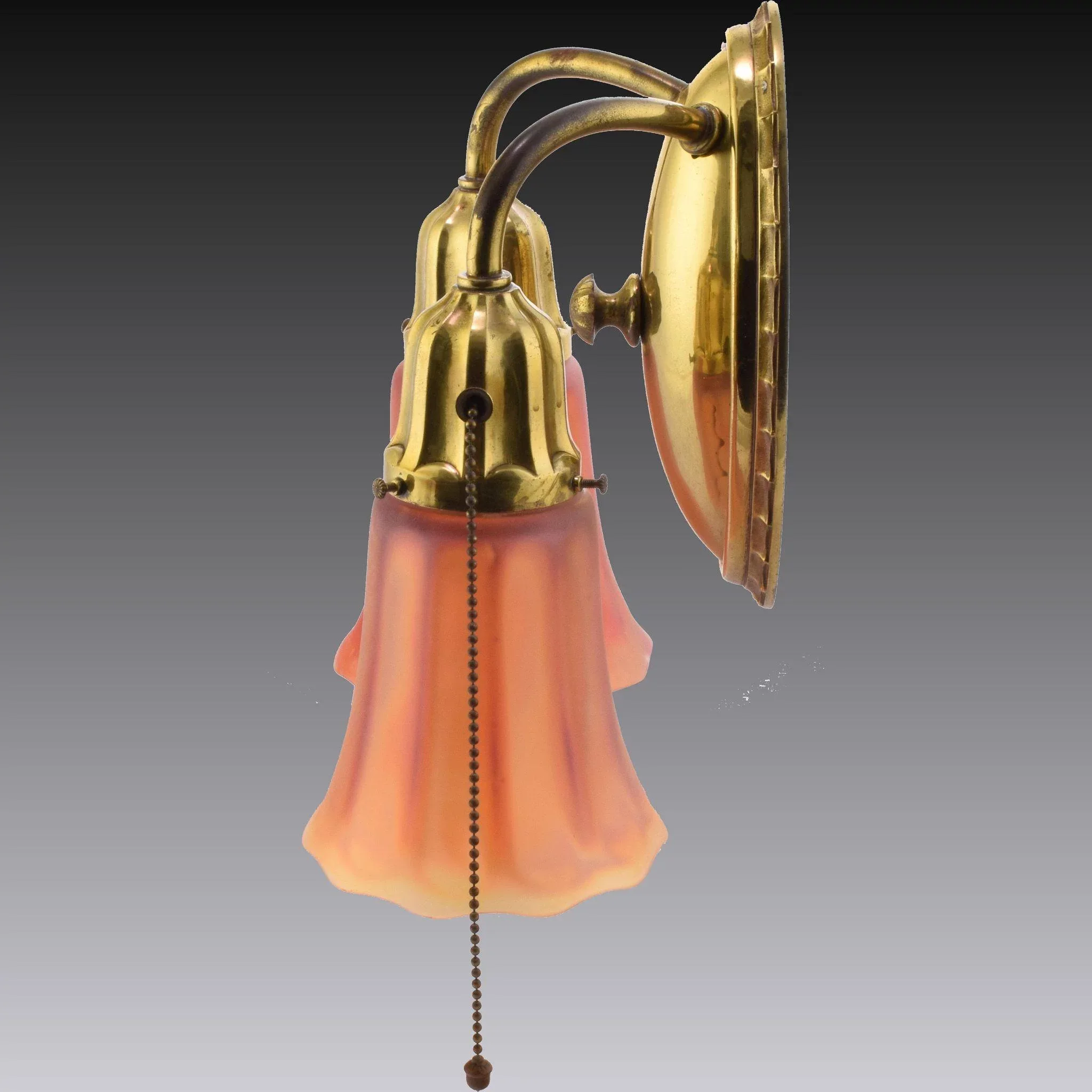 Set 4 Vintage Brass Miller 2-Light Sconces with Nuart Carnival Glass Shades - View 6