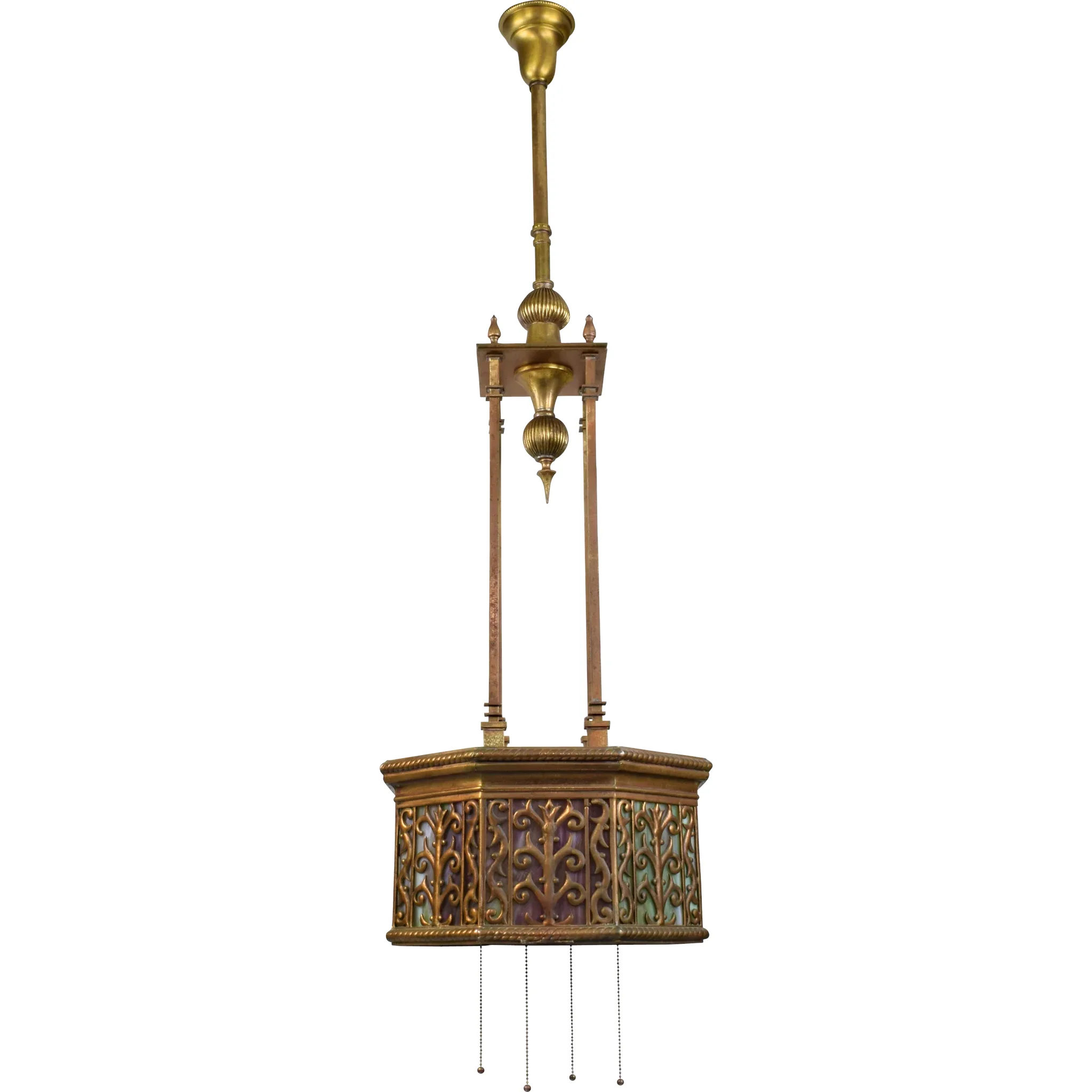 Antique Brass and Slag Glass Hanging Light Fixture - Reticulated Octagonal Shade