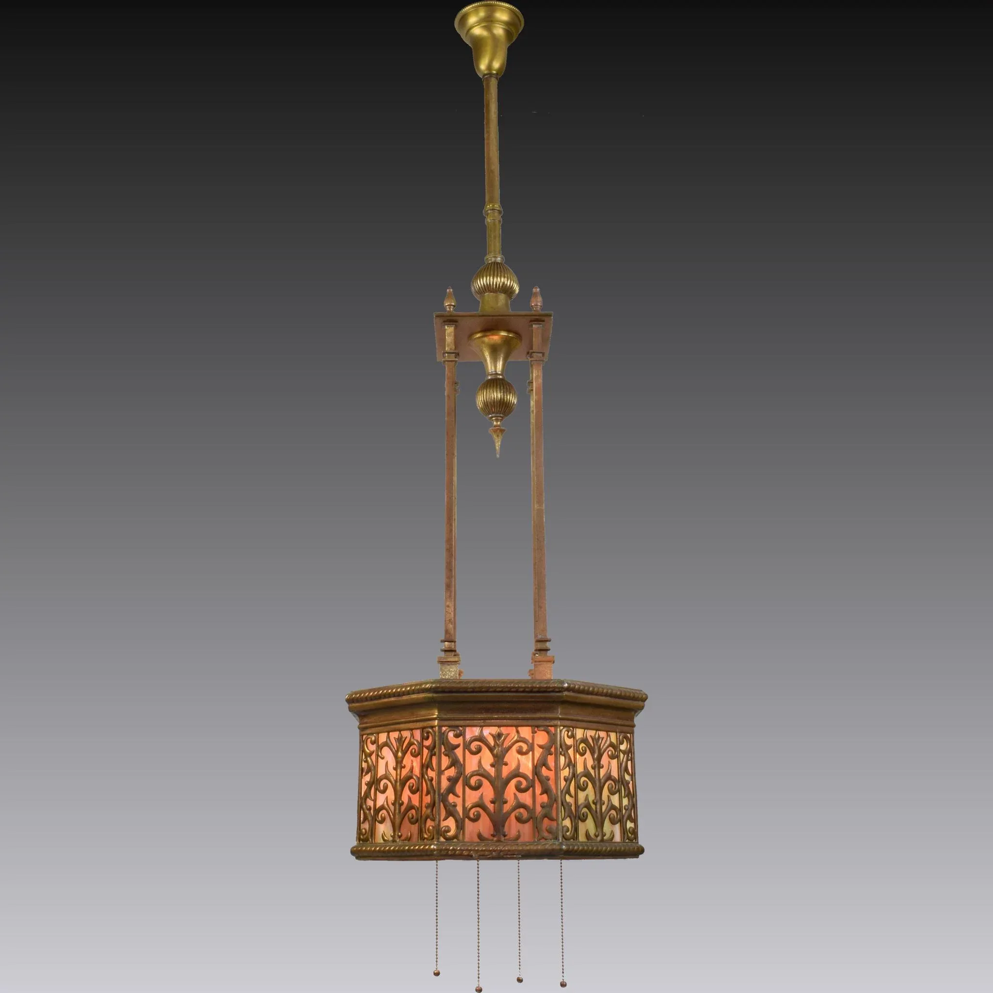 Antique Brass and Slag Glass Hanging Light Fixture - Reticulated Octagonal Shade - View 2
