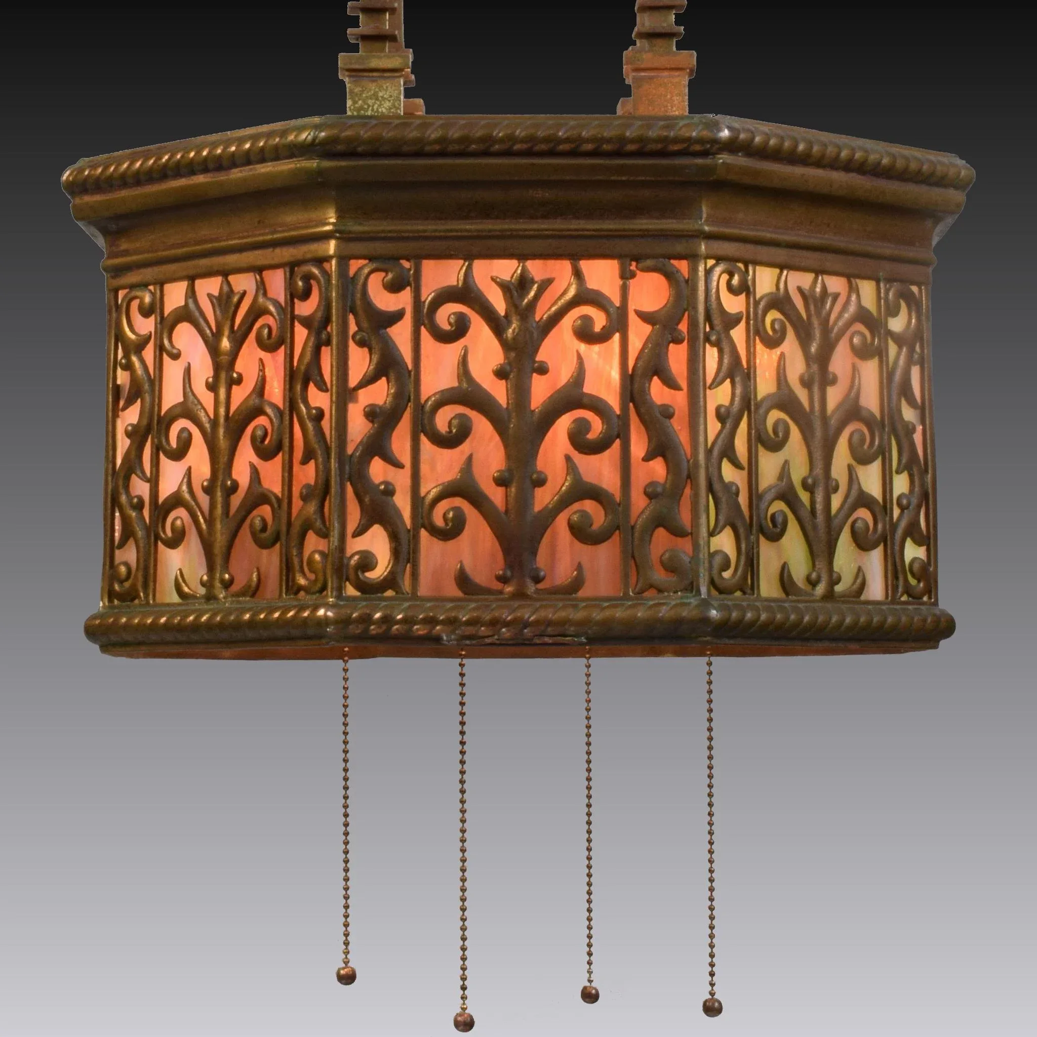 Antique Brass and Slag Glass Hanging Light Fixture - Reticulated Octagonal Shade - View 3