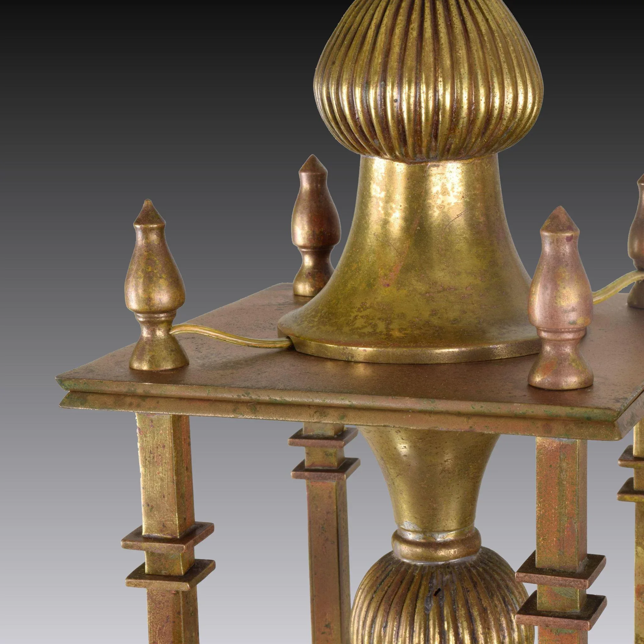 Antique Brass and Slag Glass Hanging Light Fixture - Reticulated Octagonal Shade - View 6
